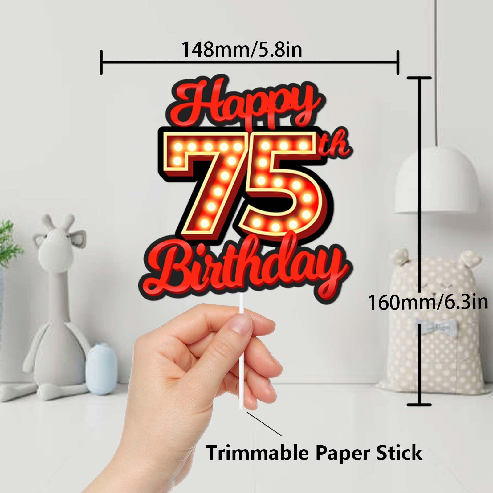 75th Birthday Cake Topper - Fluorescent Flashing LED Nightclub Party Decor for Women & Men - Red Glitter Movie Night Theme Supplies | Perfect for Birthday Parties, Bachelorette Nights & Club Events