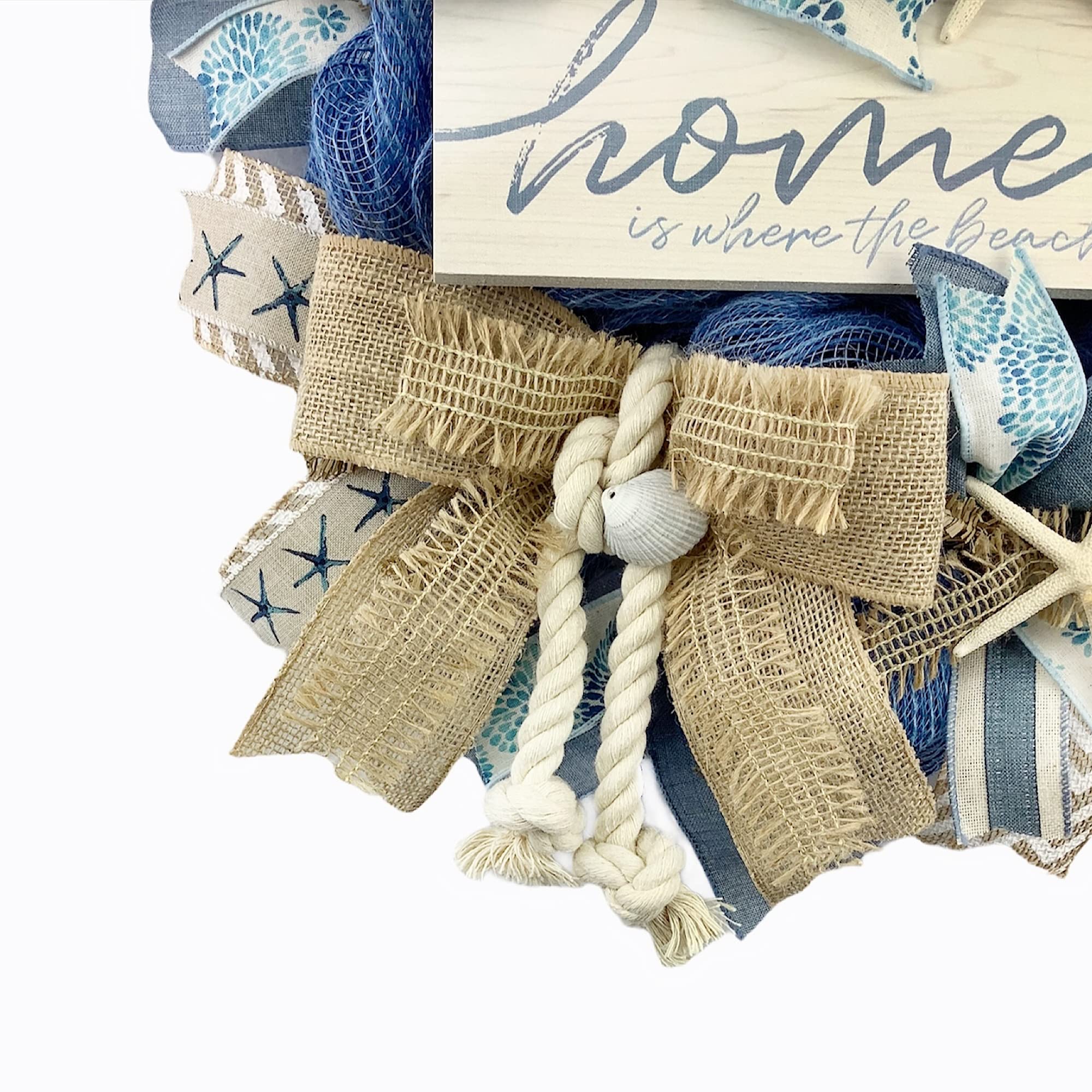 Handmade Blue Burlap Coastal Wreath with Nautical Rope, Starfish & Seashells - Beach House Decor for Front Door, Porch or Wall - Perfect Coastal & Tropical Home Decoration
