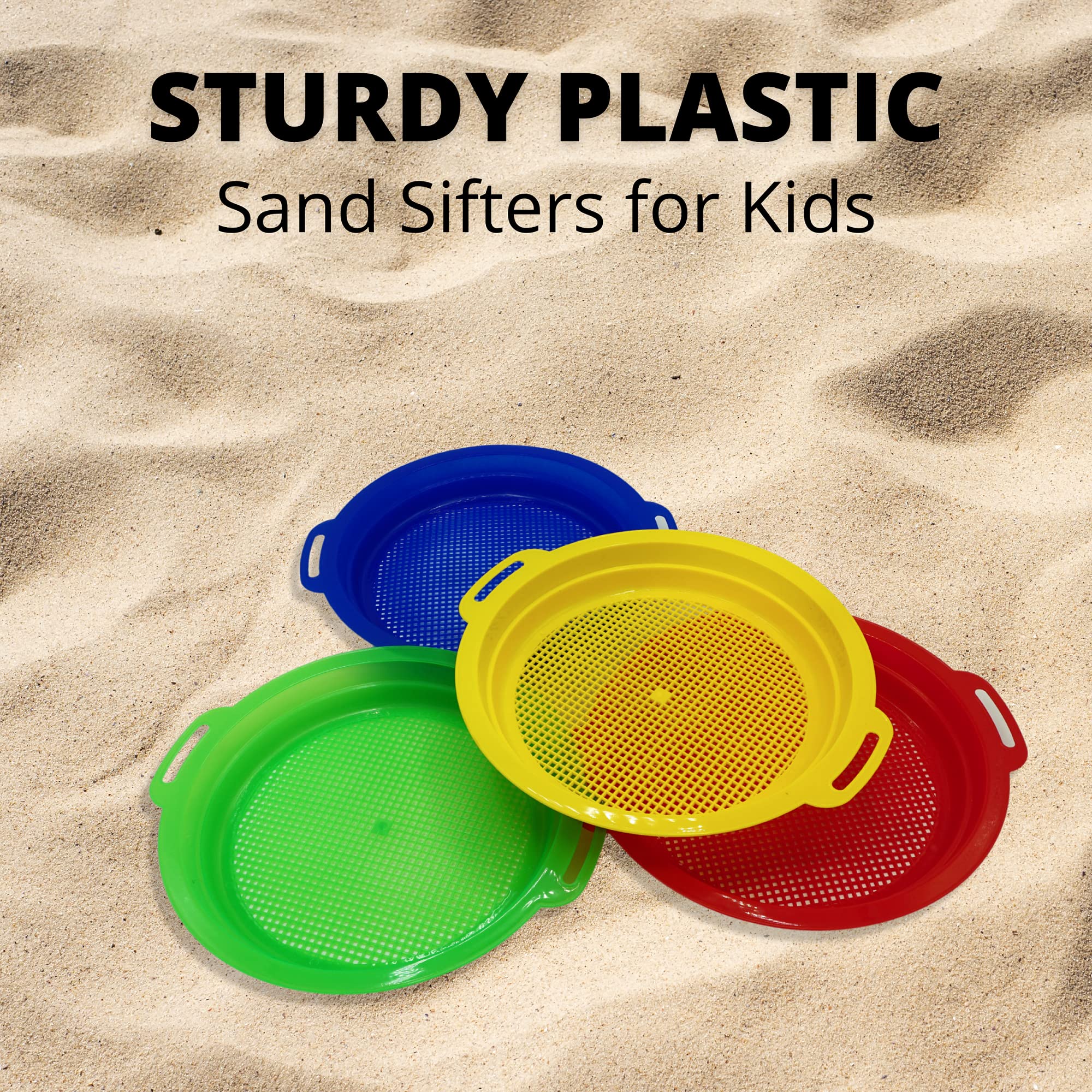 4 Pack Large Sand Sifter for Beach & Sandbox - Shark Teeth, Rocks & Plastic Finder - Durable Sand Toys for Kids & Toddlers - Perfect for Beachcombing, Treasure Hunting & Outdoor Play
