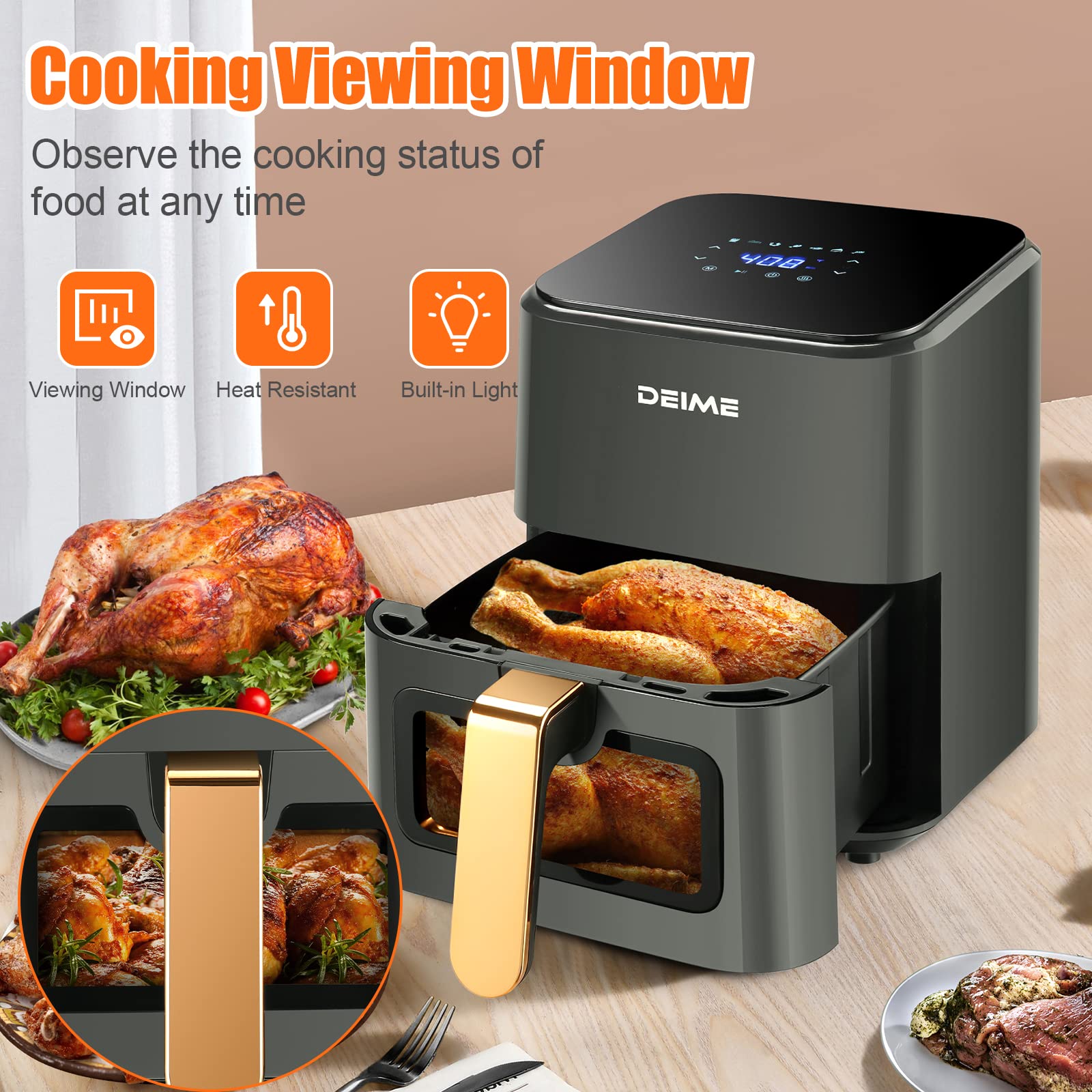 DEIME 4.2 QT Air Fryer - 1200W Oil-Free Healthy Cooker with Digital LCD Touch Screen, 7 Presets, Non-Stick Basket & Viewing Window - Perfect for Small Kitchens, Quick Meals & Healthy Cooking (Gray)