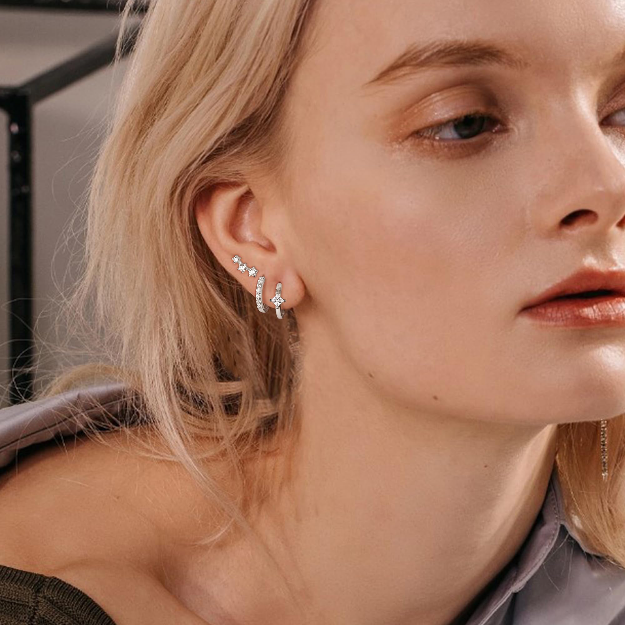 3 Pairs Sterling Silver Stud Hoop Earrings for Women - 14k Gold Plated Dainty Earrings, 925 Silver Cartilage & Huggie Earrings Set for Multiple Piercings | Perfect for Everyday Wear, Gifts & Special Occasions