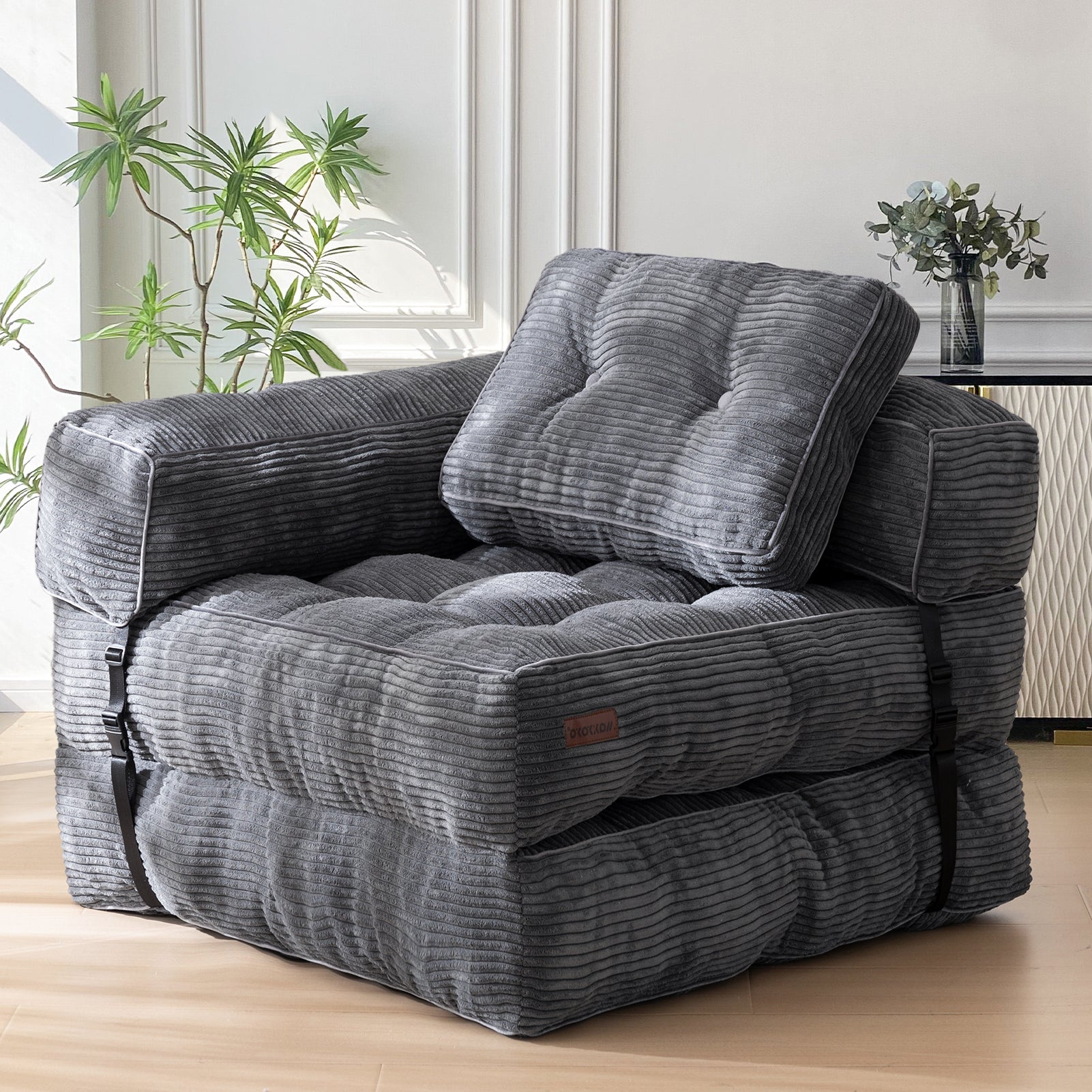 MAXYOYO L-Shaped Convertible Sofa Bed with Armrest - Space Saving Foldable Sleeper Sofa for Small Apartments, Guest Rooms & Home Office (Gray)