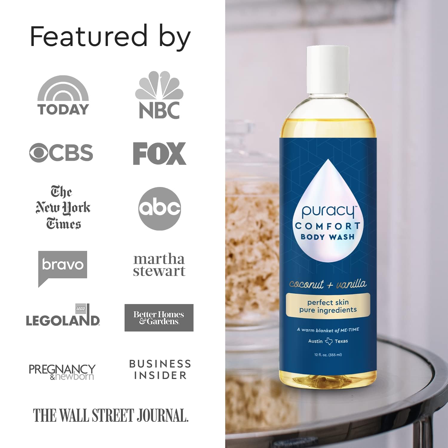 Puracy Natural Body Wash for Women, Men & Kids - 98.6% Pure Plant-Based Moisturizing Shower Gel - Coconut Vanilla Scented (12 Oz) | Gentle Cleansing for Dry & Sensitive Skin - Perfect for Daily Hydration & Relaxing Bath Time