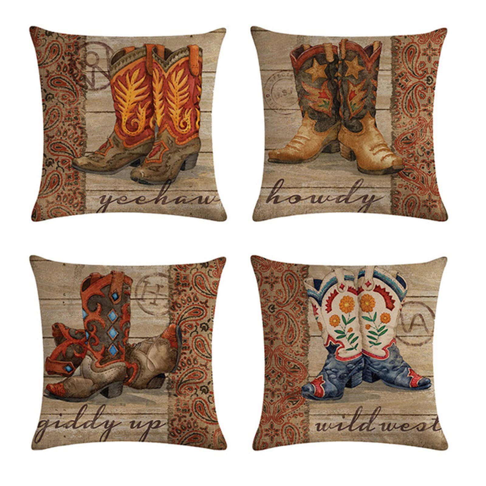 Cowboy Boots Throw Pillow Covers Set of 4 - 14x14 Inch Western Style Decorative Couch Pillows for Living Room, Bedroom & Outdoor - Perfect for Farmhouse, Ranch or Boho Home Decor