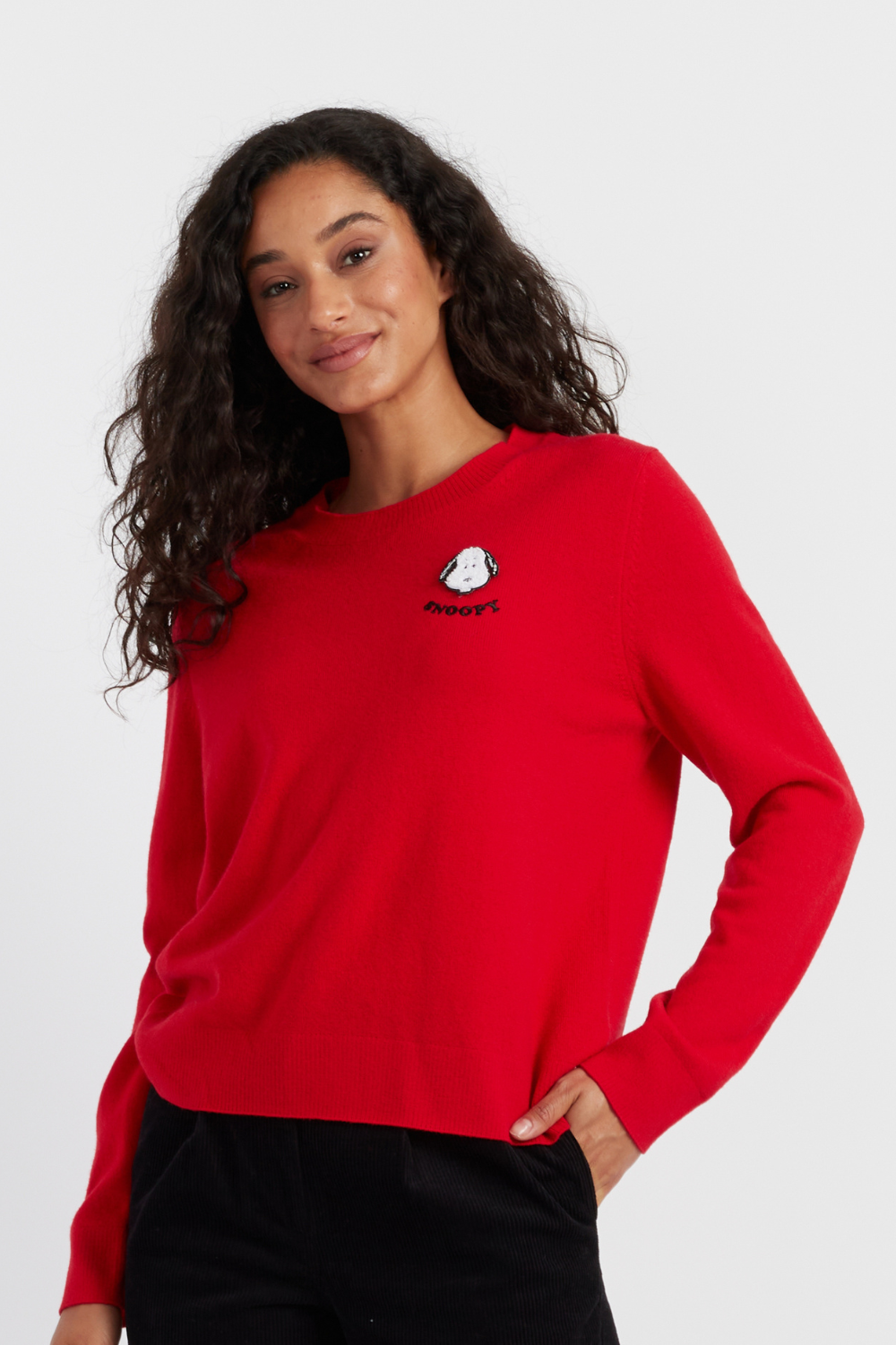 Red Wool Cashmere Snoopy Badge Sweater - Warm Winter Pullover with Cute Cartoon Design - Perfect for Christmas Gifts, Casual Outfits & Cozy Home Wear