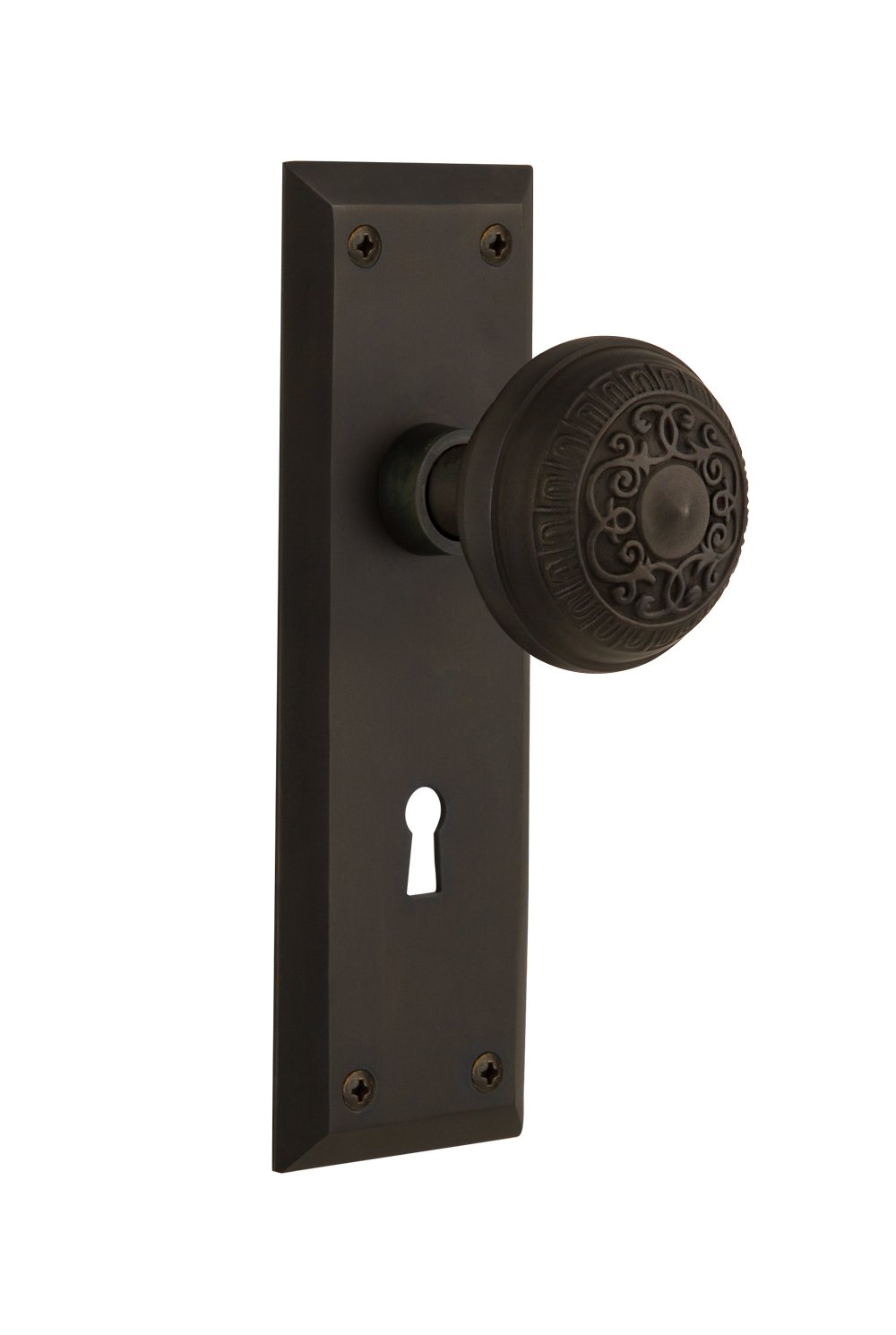 Vintage New York Plate with Keyhole Egg & Dart Knob - Oil-Rubbed Bronze Mortise Cabinet Hardware - Perfect for Antique Dressers, Kitchen Cabinets & Vintage Home Decor