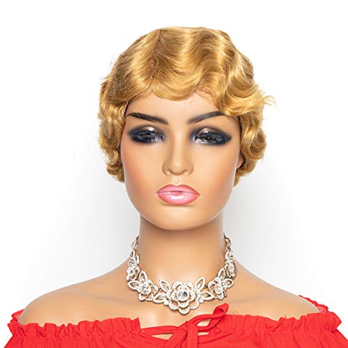 Meiverah 1920s Vintage Finger Wave Wig - Short Curly Human Hair Pixie Cut | 100% Virgin Remy Hair | Natural Black Women's Wig (Color 27#) | Perfect for Cosplay, Retro Parties & Everyday Glamour