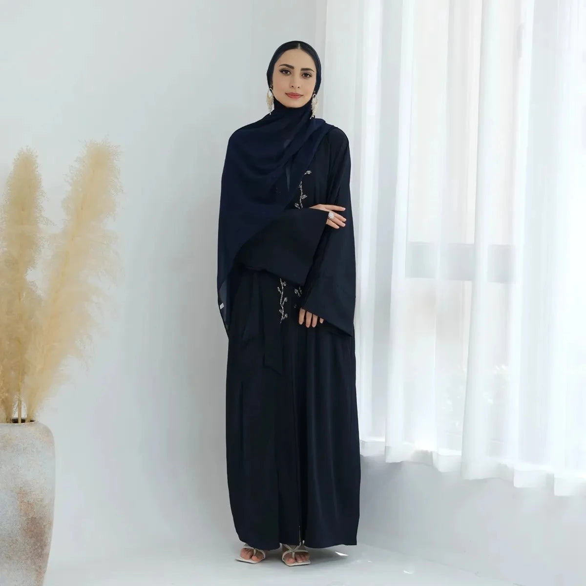 Elegant Beaded Wrinkle Satin Cardigan Open Abaya Dress for Women - Perfect for Weddings, Parties & Special Occasions #25828