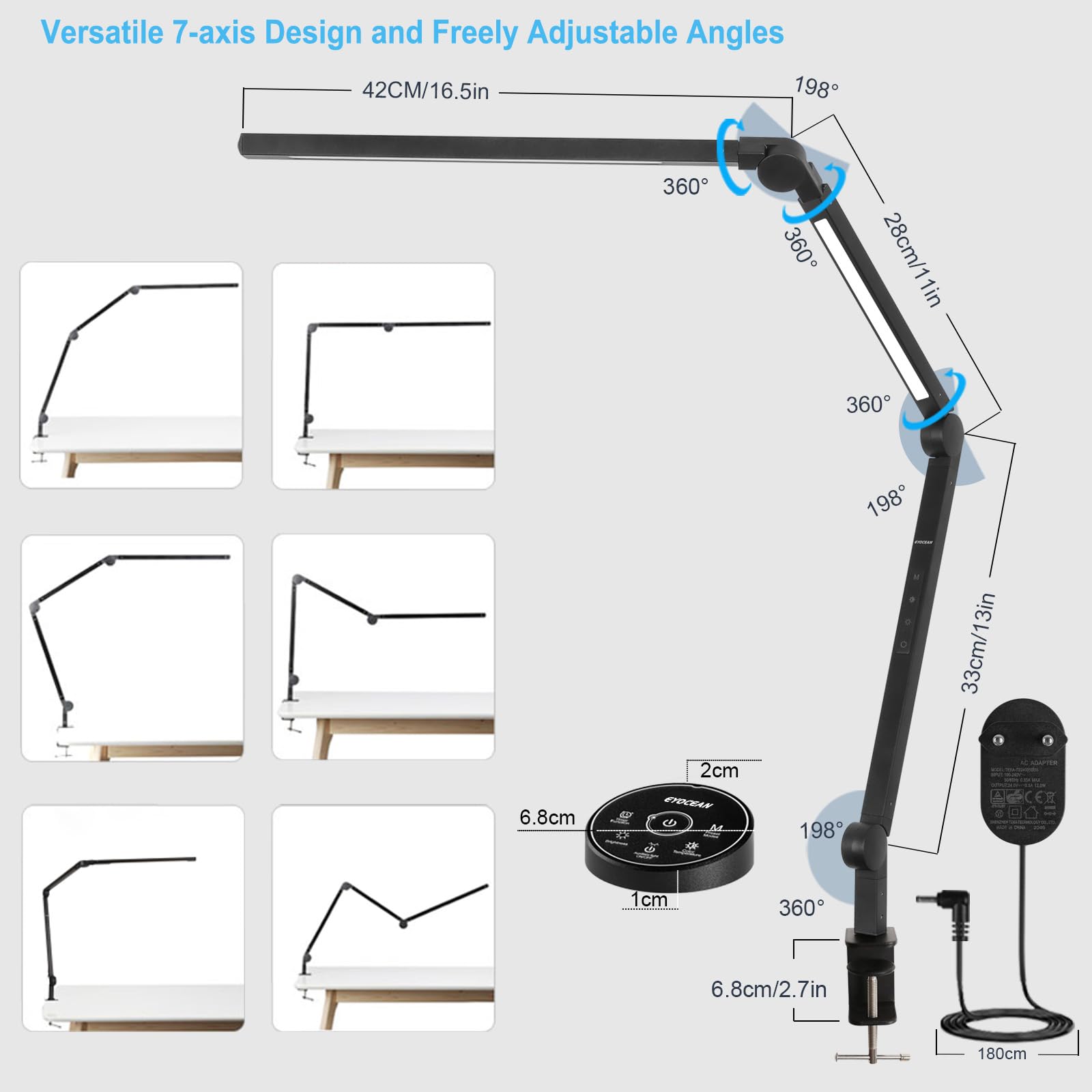 LED Desk Lamp with Clamp - Adjustable Brightness & Color Temperature, Touch Control, Memory & Timer Function, Swing Arm Architect Light for Home Office, Study, Reading, and Workstation Use