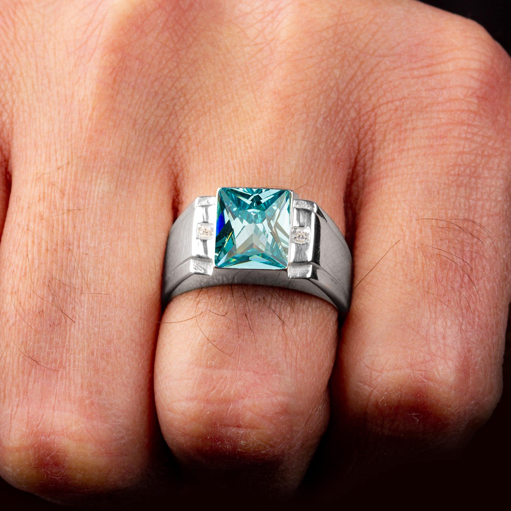 Blake's Sterling Silver Men's Ring with 2 Diamond Accents & Baguette Sapphire/Emerald/Ruby/Citrine/Amethyst/Topaz Options - Size 5-15 - Fine Jewelry Gift for Him - Perfect for Weddings, Anniversaries & Special Occasions
