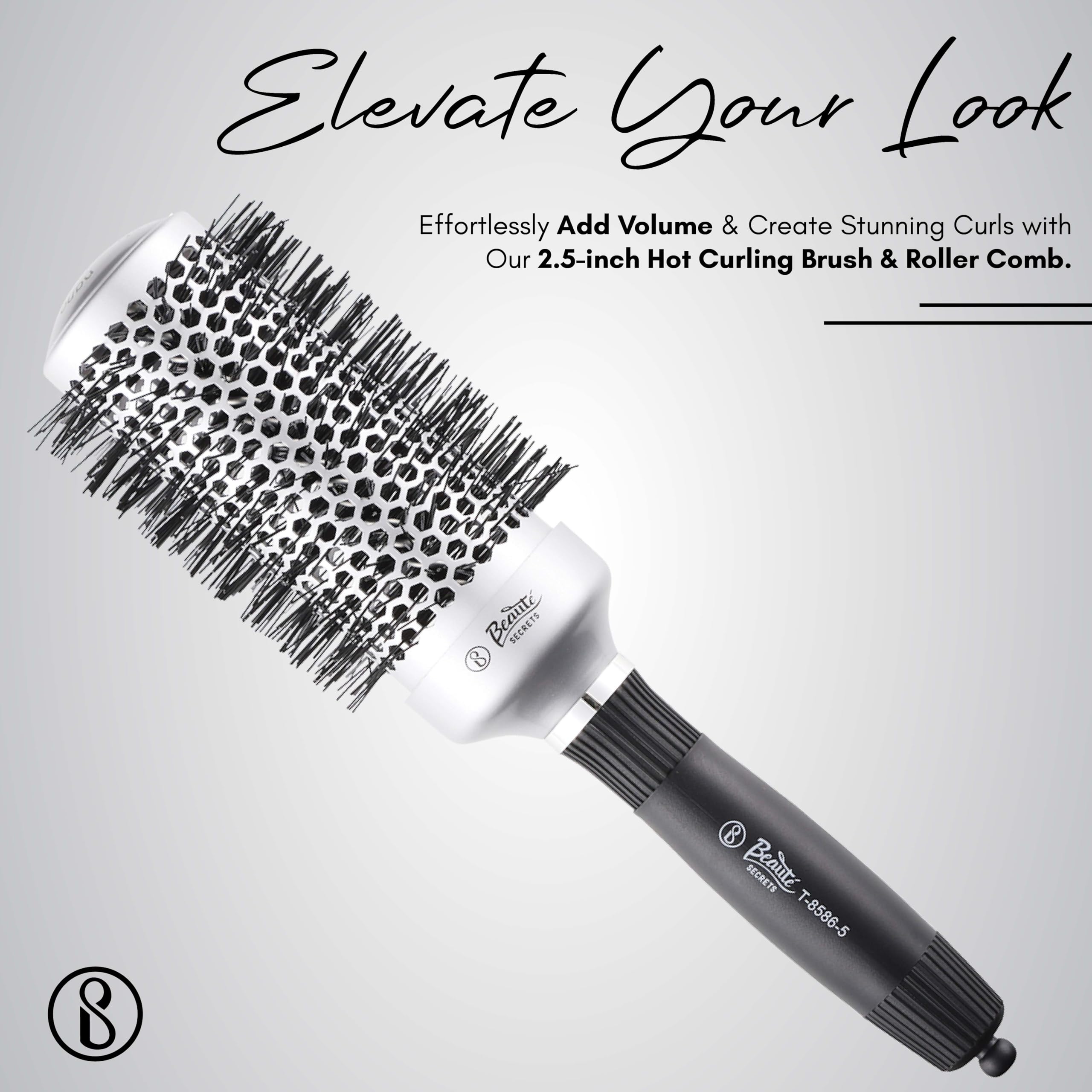 Beauté Secrets Round Hair Brush for Voluminous Curls - 2.5 Inch Hot Air Styling Brush with 1.5 Inch Barrel & Roller Comb - 44mm Hair Roller for Instant Volume & Heat Protection - Perfect for Salon-Quality Styling at Home or Travel