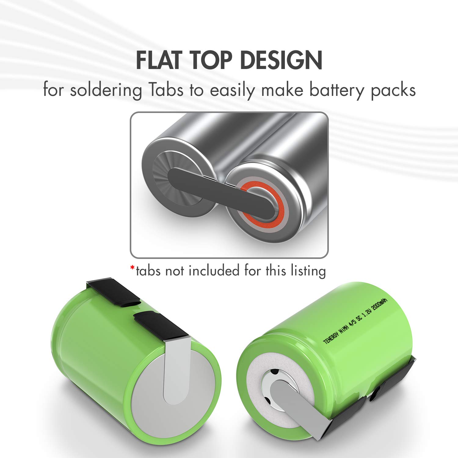 Tenergy 4/5 SubC 2000mAh NiMH Rechargeable Batteries 50 Pack - Flat Top High Capacity Batteries for RC Cars, Robotics, and Industrial Equipment