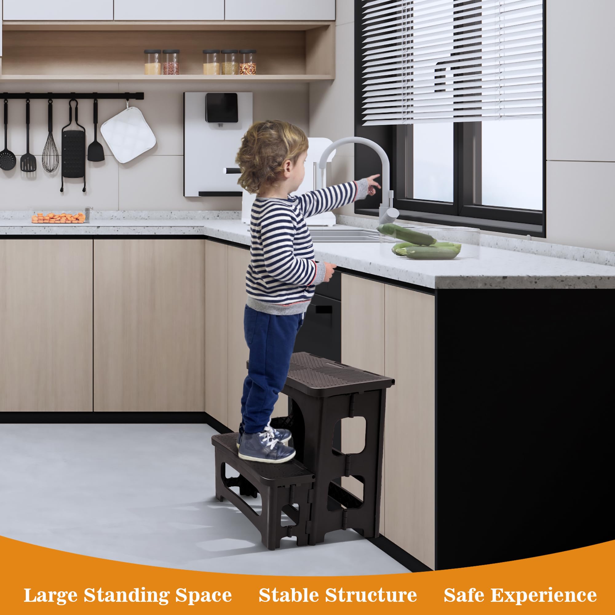 Heavy Duty Folding 2 Step Stool 300 lb Capacity - Non-Slip Foldable Step Stool for Adults - Compact Kitchen Bathroom Bedroom Office RV Ladder - Space Saving Home Organization (Black) | Perfect for Reaching High Shelves, Changing Light Bulbs & Home Storage Solutions
