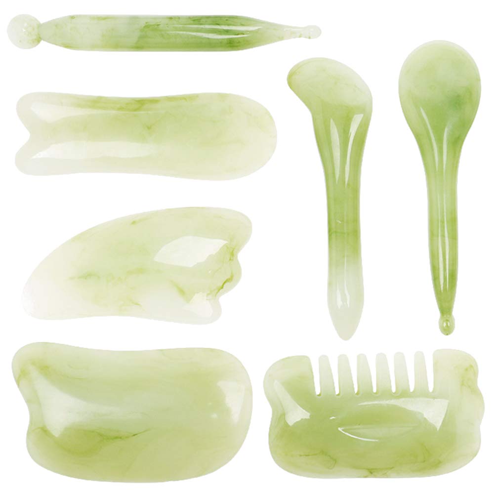 7-Piece Gua Sha Massage Set for Face & Body - Jade Stone Scraping Tool, Facial & Body Massager Kit - Relieve Tension & Improve Skin Glow - Perfect for Home Spa & Self-Care Routine