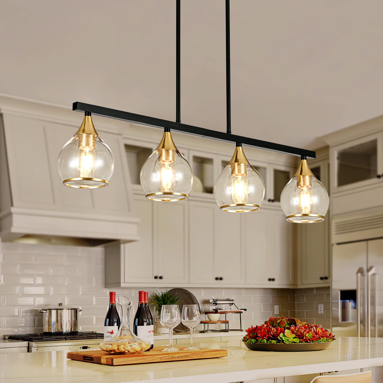 Farmhouse Black and Gold 4-Light Kitchen Island Pendant Chandelier with Clear Glass Shades - Matte Black Linear Hanging Light Fixture for Dining Room & Kitchen Counter | Perfect Over Tables, Breakfast Bars, and Kitchen Islands