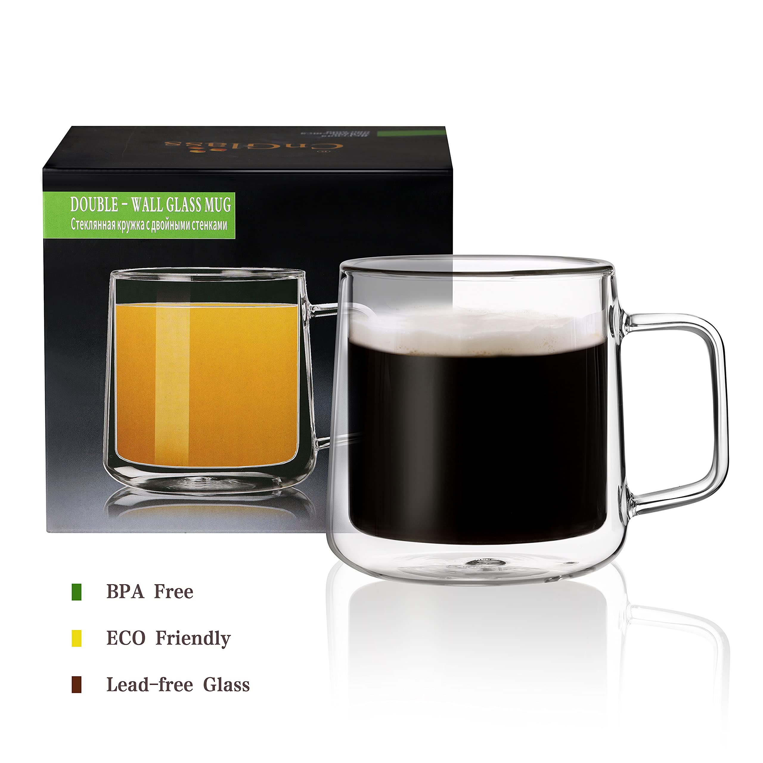CNGLASS Double Wall Insulated Glass Coffee Mug 15.2oz (450ml) - Clear Espresso Cup with Handle - Perfect for Hot & Cold Beverages - Ideal for Home, Office or Cafe Use