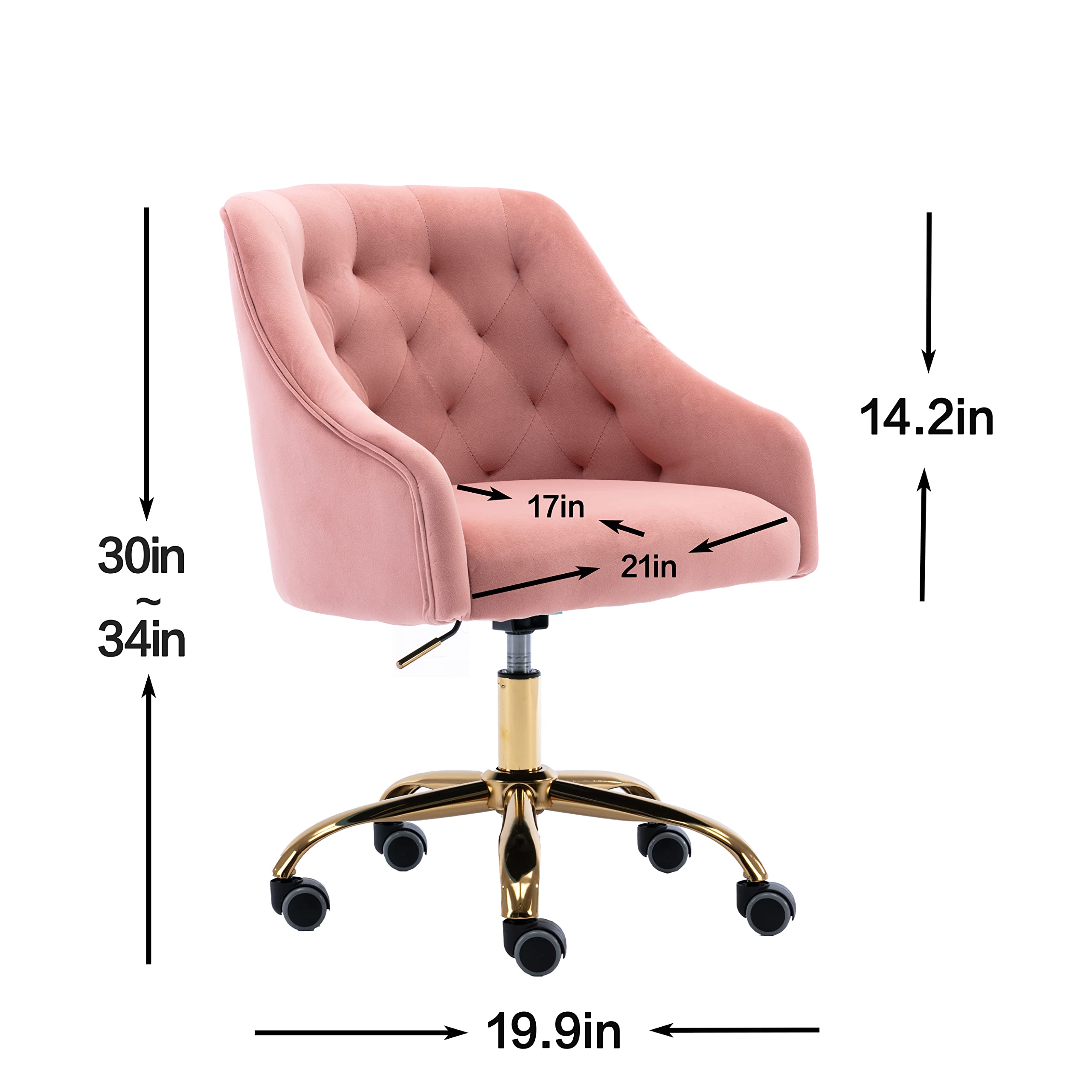 Ergonomic Velvet Swivel Office Chair with Wheels & Height Adjustment - Modern Home Desk Chair for Work, Study, Makeup Vanity - Perfect for Living Room, Bedroom & Home Office (Pink)