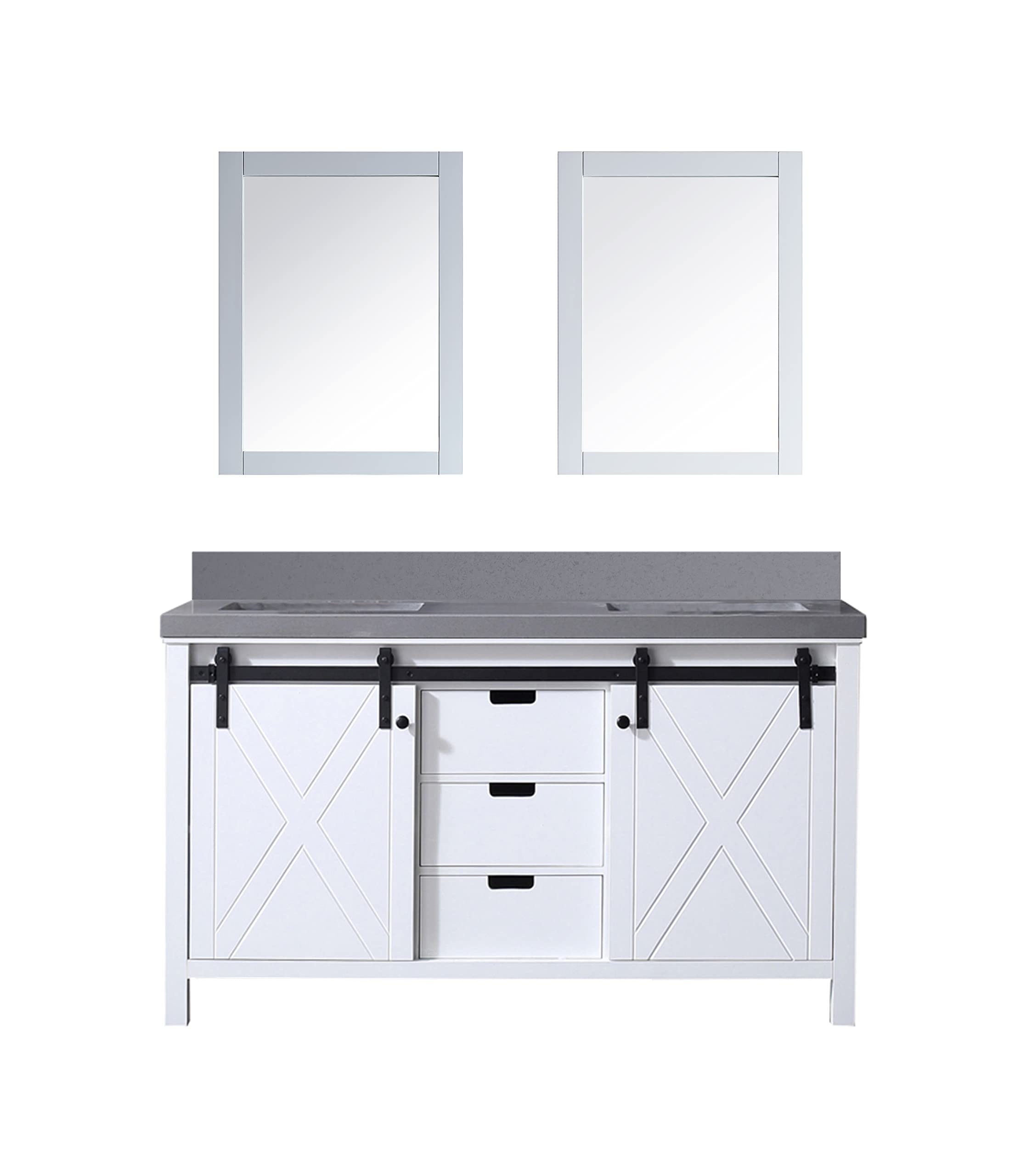 Ketchum 60-Inch White Double Bathroom Vanity with Grey Quartz Countertop & 24-Inch Mirrors - Modern Bathroom Furniture for Master Bath or Guest Bath Renovation