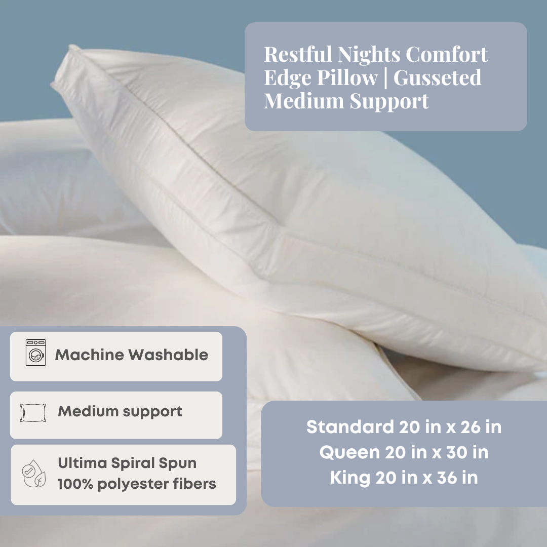 Restful Nights Comfort Edge Pillow - Medium Support Gusseted Pillow for Neck & Shoulder Pain Relief | Perfect for Side Sleepers, Back Pain Sufferers & Travel