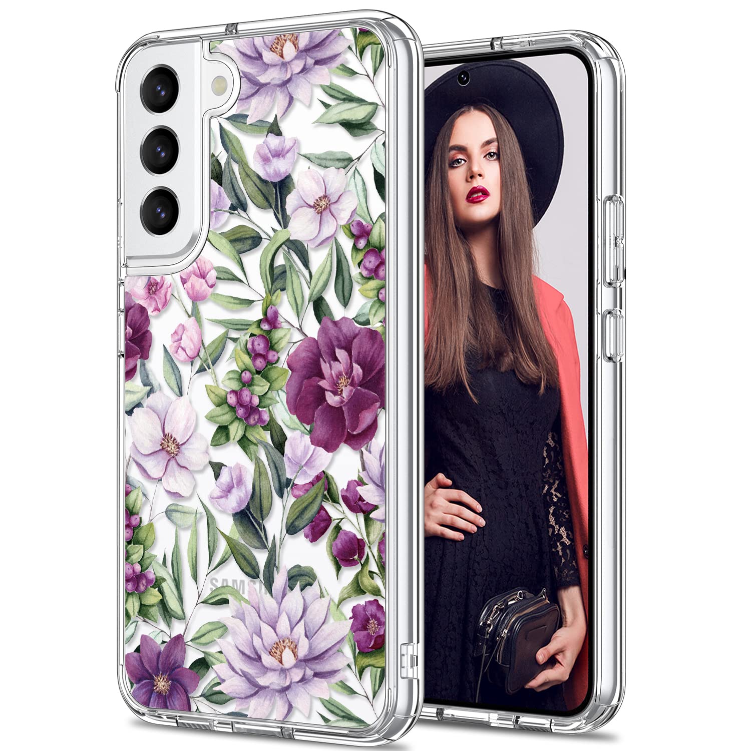 Samsung Galaxy S22 Case - Slim Fit Crystal Clear Protective Cover with Fashionable Pink Purple Floral Design for Women & Girls | Durable Rugged Shockproof Phone Case for Samsung Galaxy S22 6.1