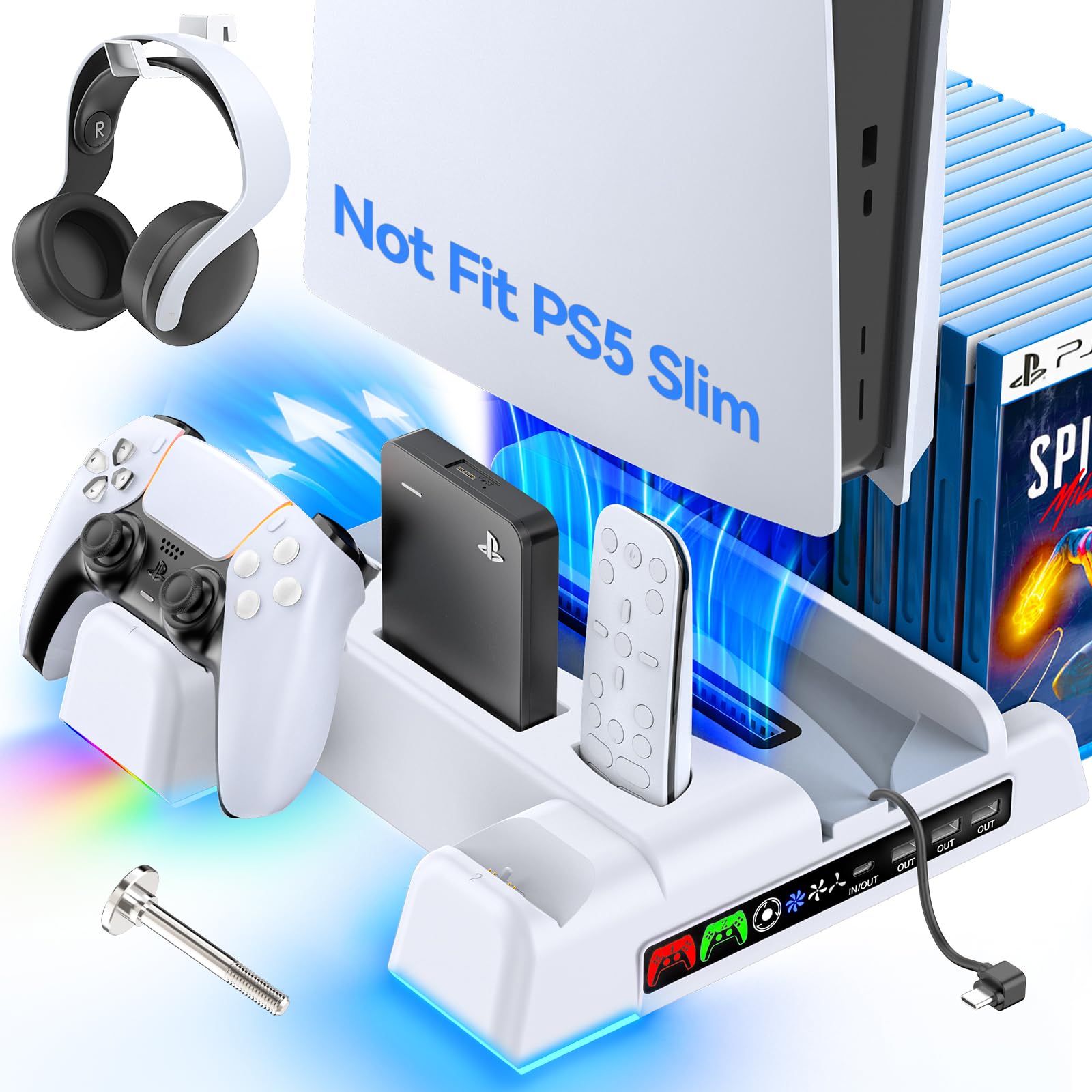 PS5 Stand Cooling Station with Dual Controller Charger & Headset Holder - Fast 2H Charging for PlayStation 5 Console - Enhanced Cooling Fan for Better Performance - Perfect for Gaming Setup & Entertainment System Accessories