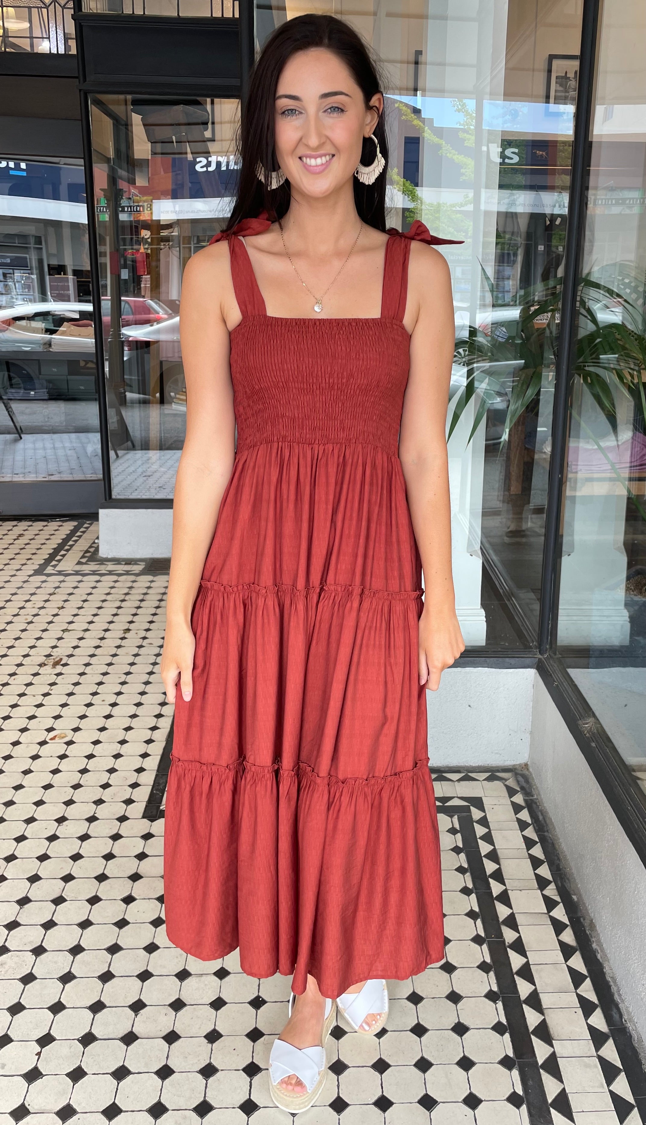 Tessa Tie Shoulder Midi Dress in Cinnamon - Elegant Flowy Summer Dress for Weddings, Parties & Date Nights