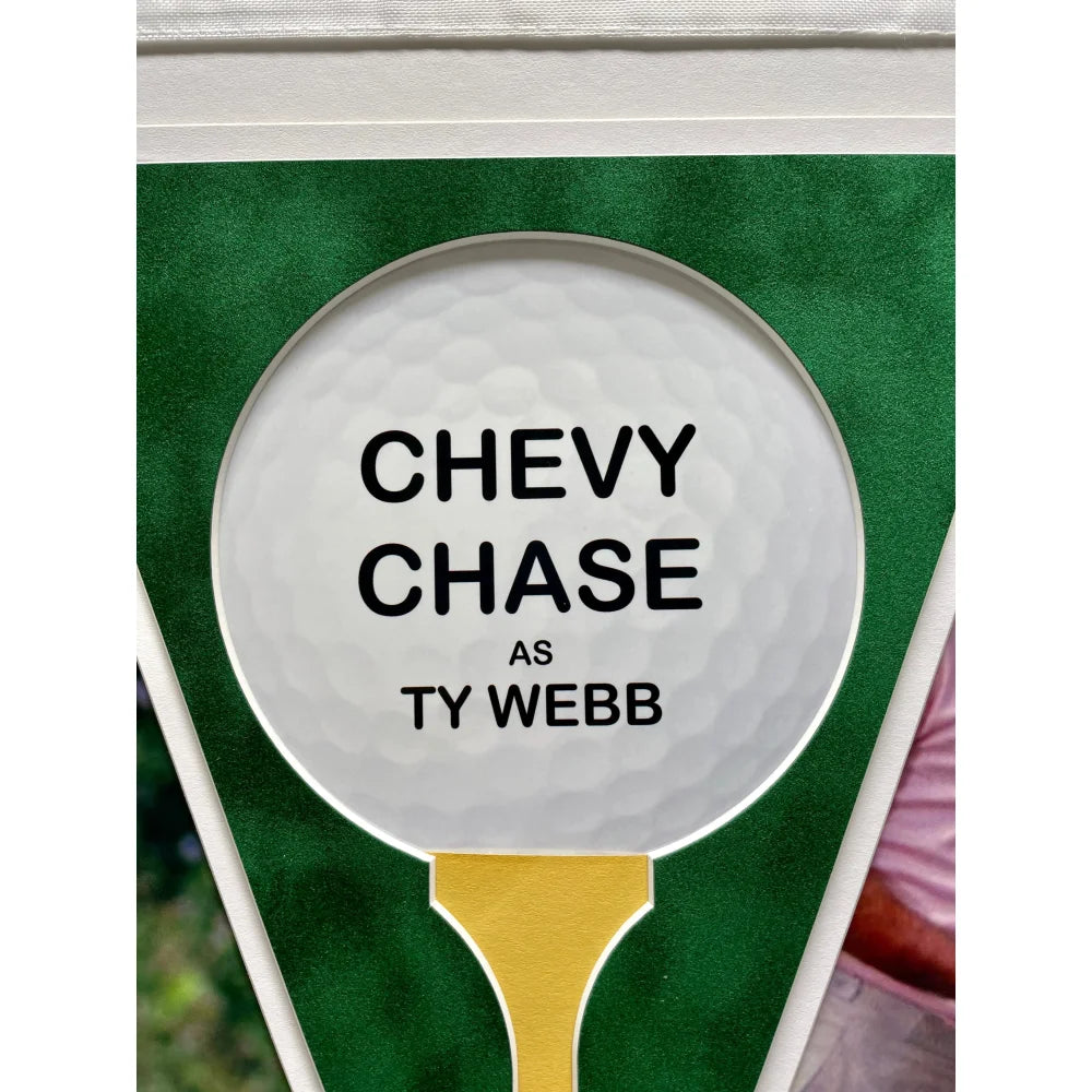 Chevy Chase Autographed Caddyshack Movie Memorabilia - Signed Flag Frame Collage with COA & Bushwood Pin - Perfect for Golf Fans & Movie Collectors - Home Theater Decor, Man Cave Gift, Sports Bar Display