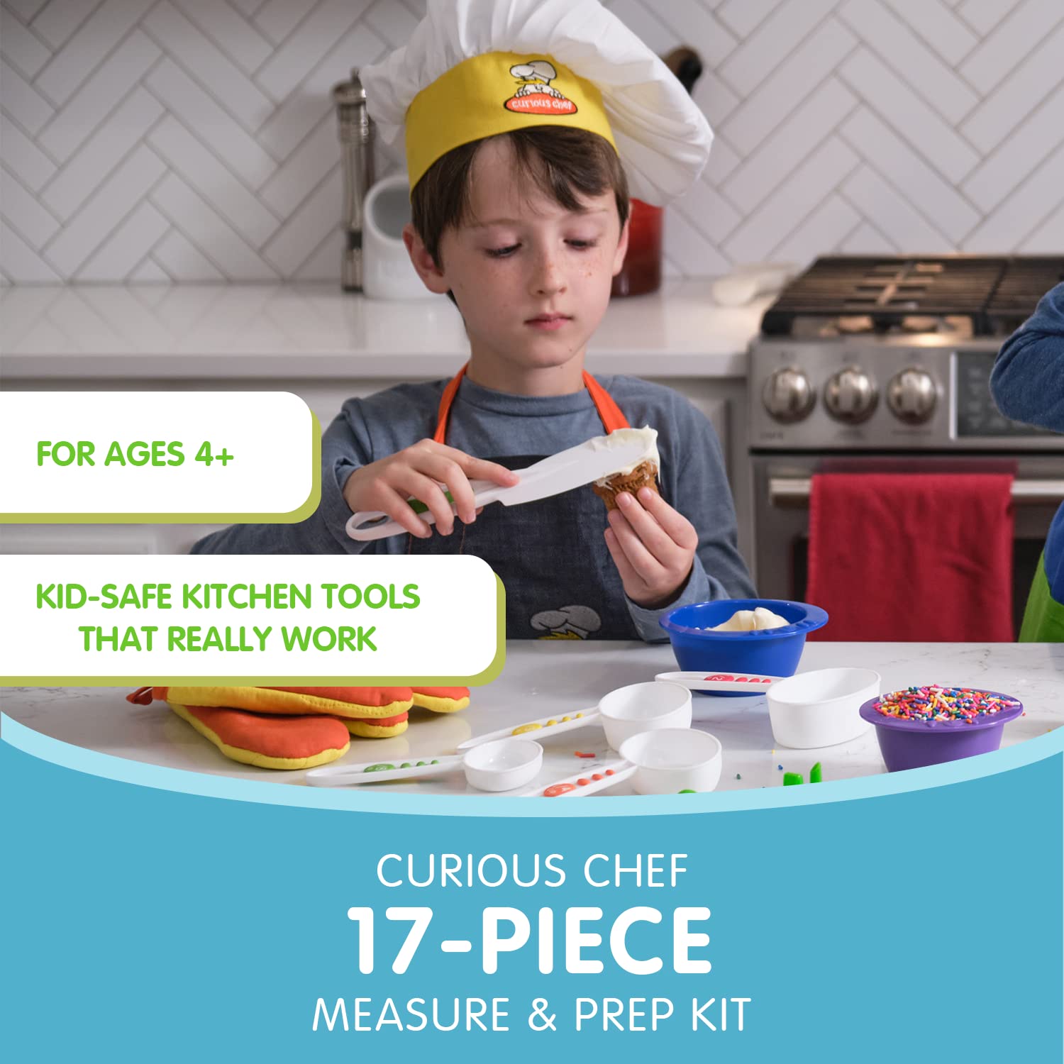 Curious Chef Kids Cookware - 17-Piece Measure & Prep Kit with Real Utensils | Dishwasher Safe & BPA-Free | Includes 6-Piece Measuring Cup & Spoon Set, 3-Piece Prep Bowl Set, Kitchen Timer | Perfect for Baking, Cooking Classes & Pretend Play