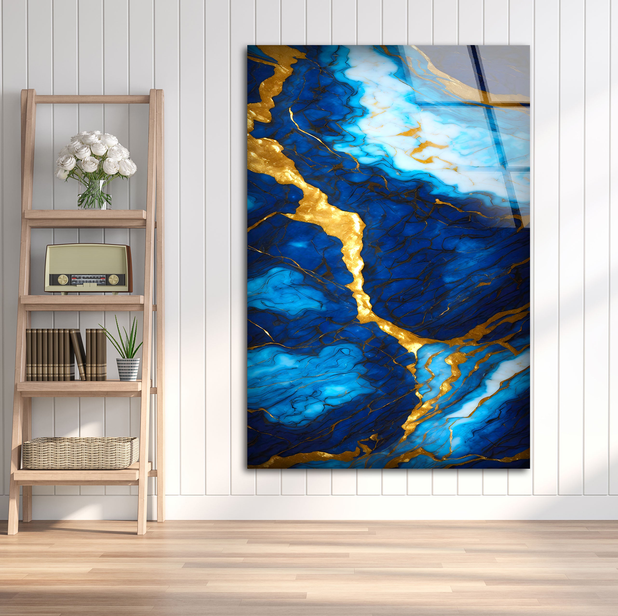Blue and Gold Marble Wall Art - Elegant Glass Print with Rich Veins & Deep Texture | Modern Luxury Home Decor for Living Room, Bedroom & Office