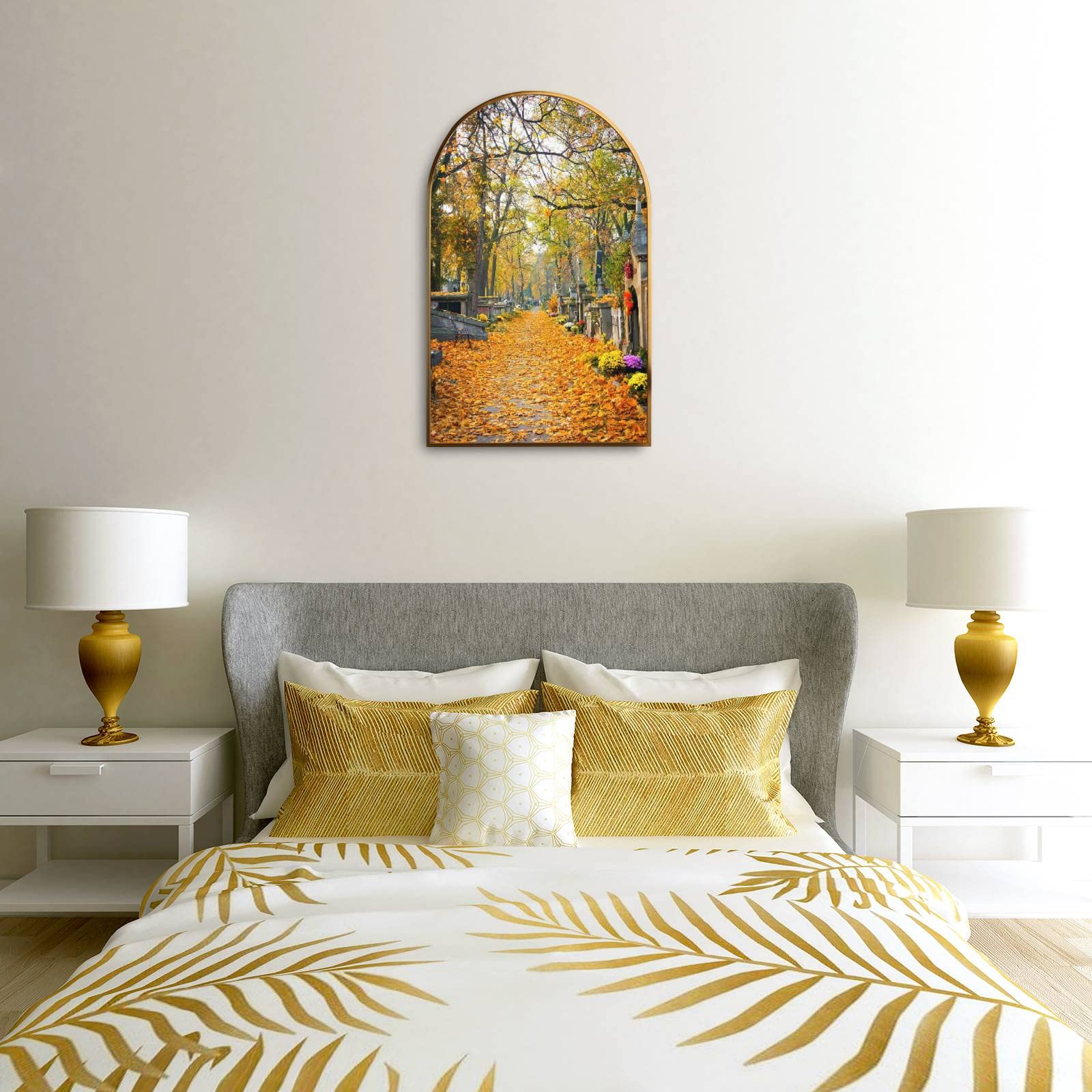 PEYQULTXNE Autumn Arch Cemetery Canvas Wall Art - Golden Framed Modern Giclee Painting for Home Decor | Ready to Hang Living Room & Bedroom Wall Artwork