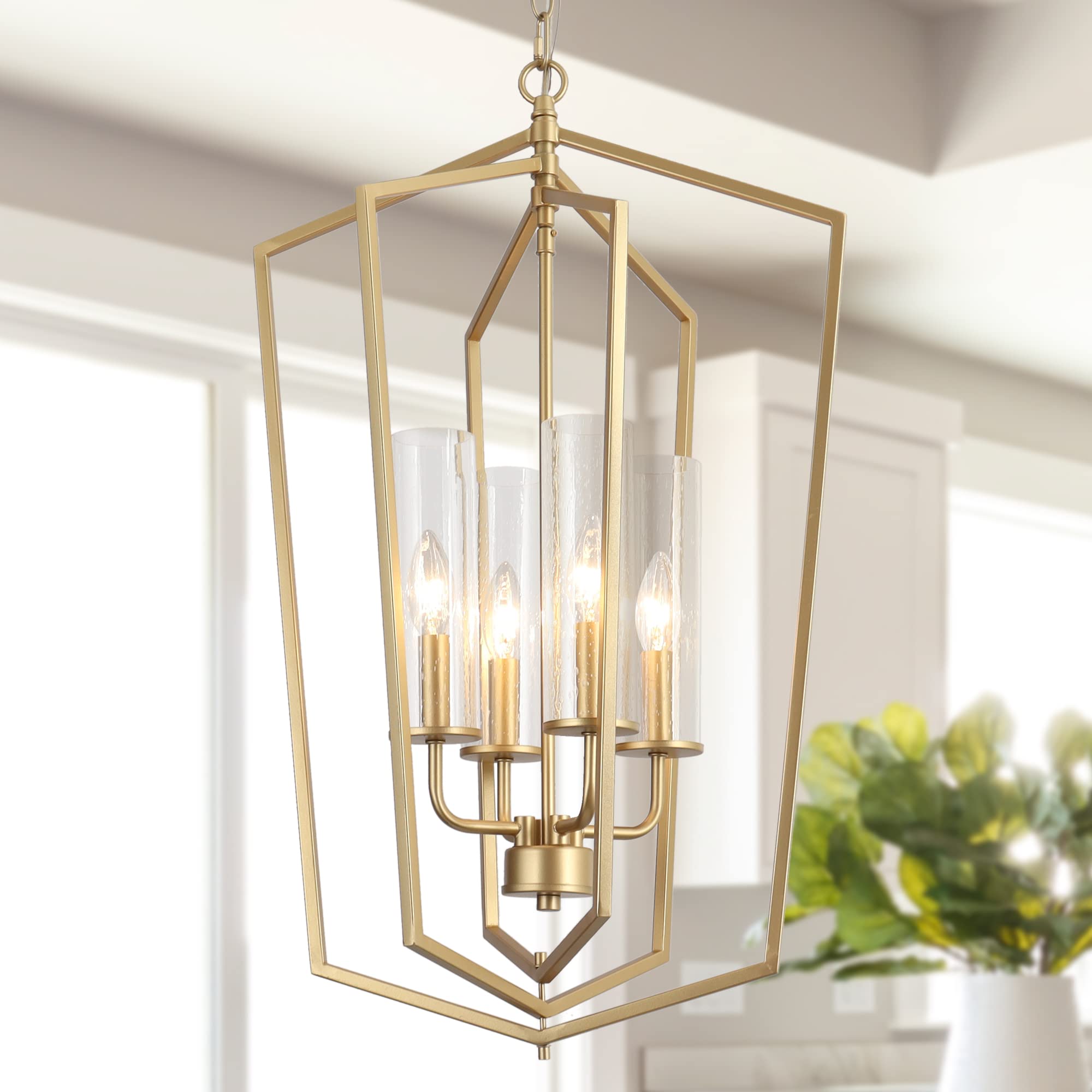 Modern Gold Chandelier - 4-Light Rotatable Geometric Lantern Pendant Light with Seeded Glass Shade - Elegant Lighting for Kitchen Island, Dining Room, Foyer & Bedroom - Perfect for Contemporary Home Decor & Interior Design