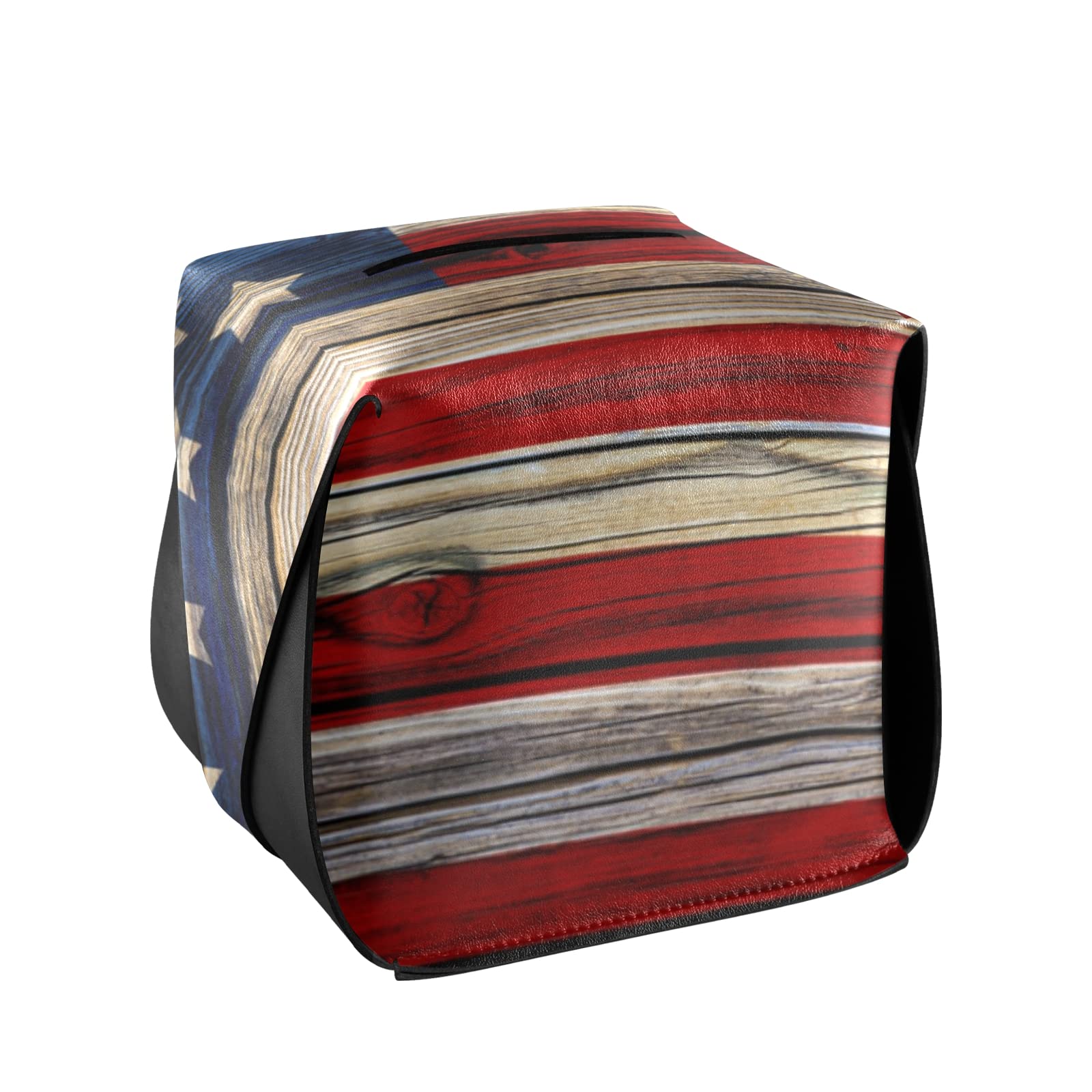 American Flag Wooden Tissue Box Cover - PU Leather Rectangular Tissue Holder with Handle for Home, Office, Bedroom & Bathroom | Patriotic Home Decor & Gift Idea