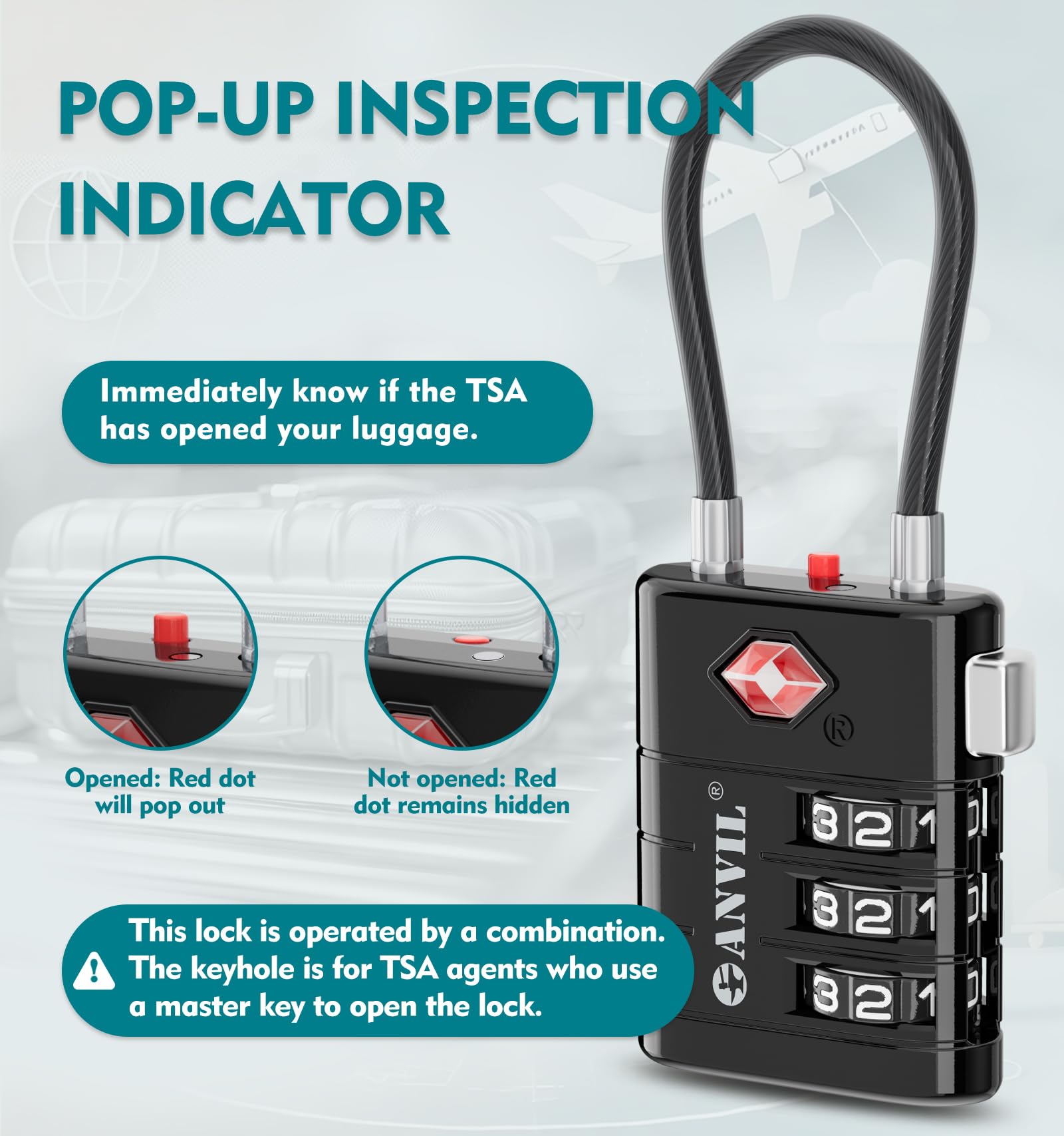 ANVIL TSA Approved Luggage Locks with Advanced TSA008 Core & Alert Indicator - Secure Travel Locks for Suitcases, Backpacks & Carry-On Bags (2-Pack, Black) | Perfect for Airports, Hotels & Daily Commute