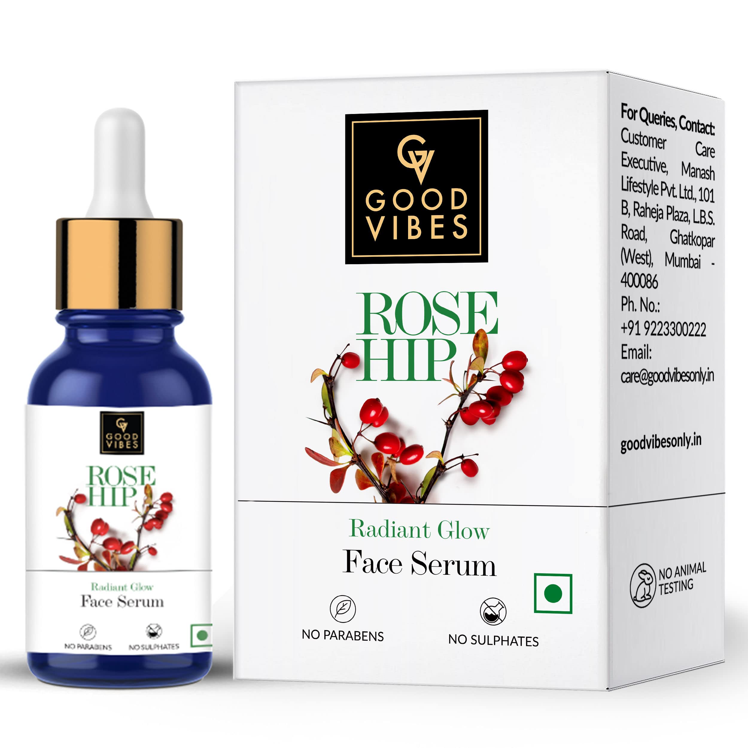 Good Vibes Rose Hip Radiant Glow Face Serum - 10ml Lightweight Anti-Aging Moisturizer for All Skin Types | Dark Spot Corrector, Non-Greasy, Natural Formula | Paraben & Sulfate Free, Cruelty Free | Perfect for Daily Skincare Routine & Nighttime Hydration