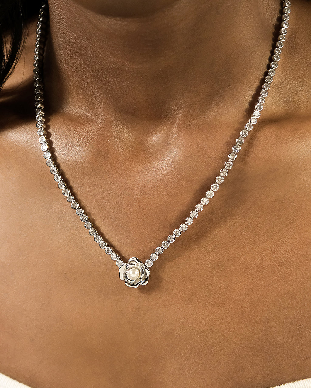 Elegant Rosa Pearl Flower CZ Tennis Necklace for Women - Perfect for Weddings, Parties & Special Occasions