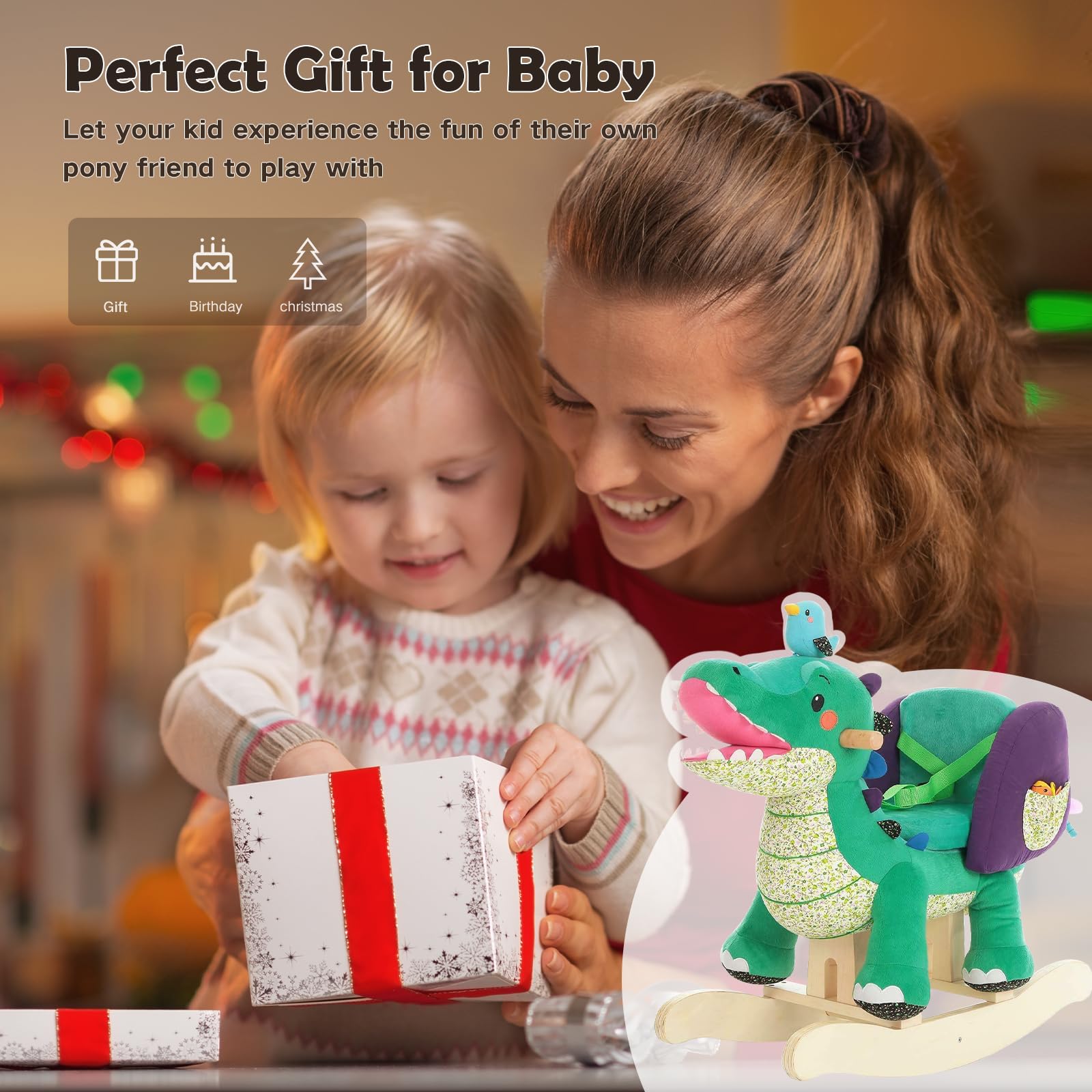 Labebe Green Crocodile Plush Rocking Horse Toy for Toddlers 6 Months to 3 Years - Soft Stuffed Animal Rocker Chair with Wooden Base | Perfect for Nursery Decor, First Birthday Gifts & Early Childhood Development