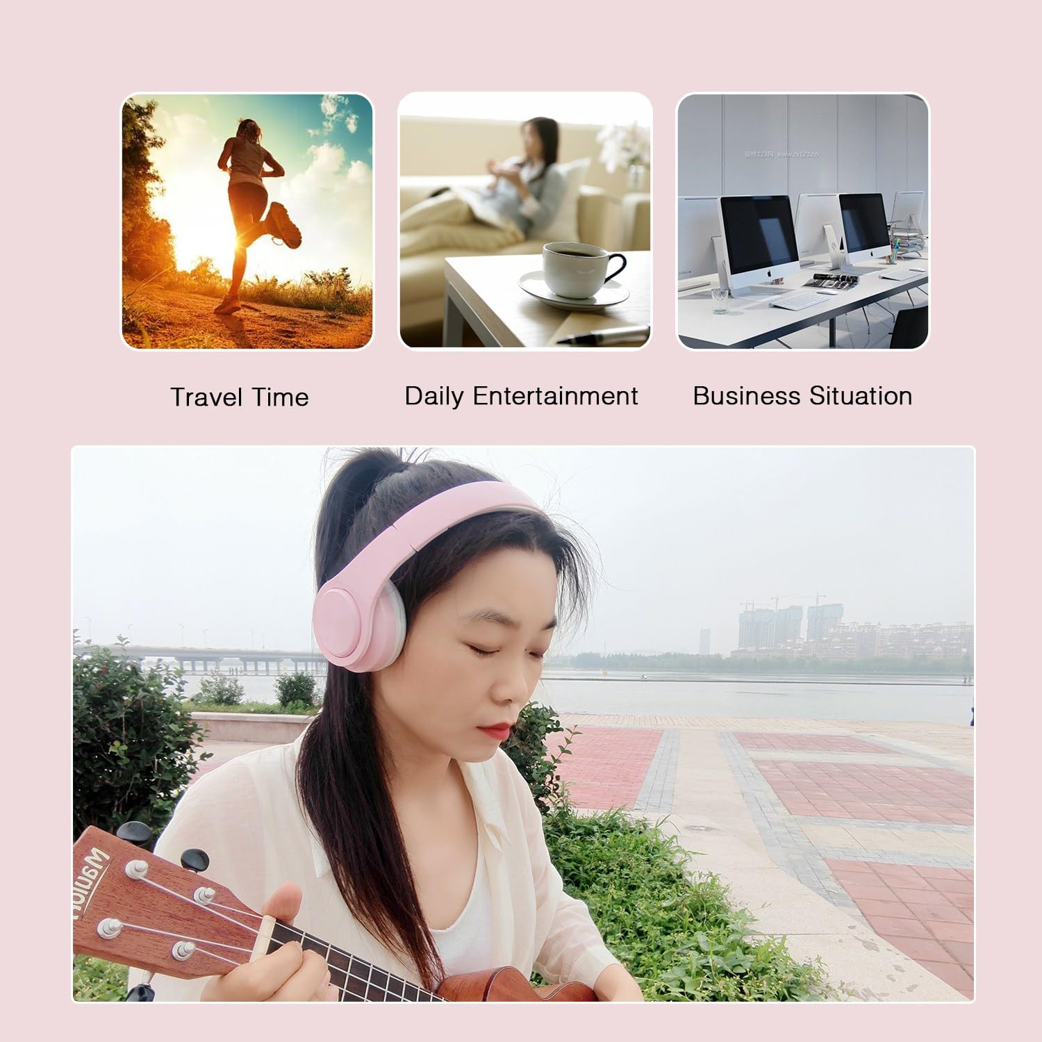 RAT TAIL V5.0 Bluetooth Headphones Wireless Over-Ear Foldable Headset with Micro SD/TF, FM, Soft Earmuffs - Lightweight for Long Wear, Compatible with Phone & PC (Pink) - Perfect for Travel, Workouts & Gaming