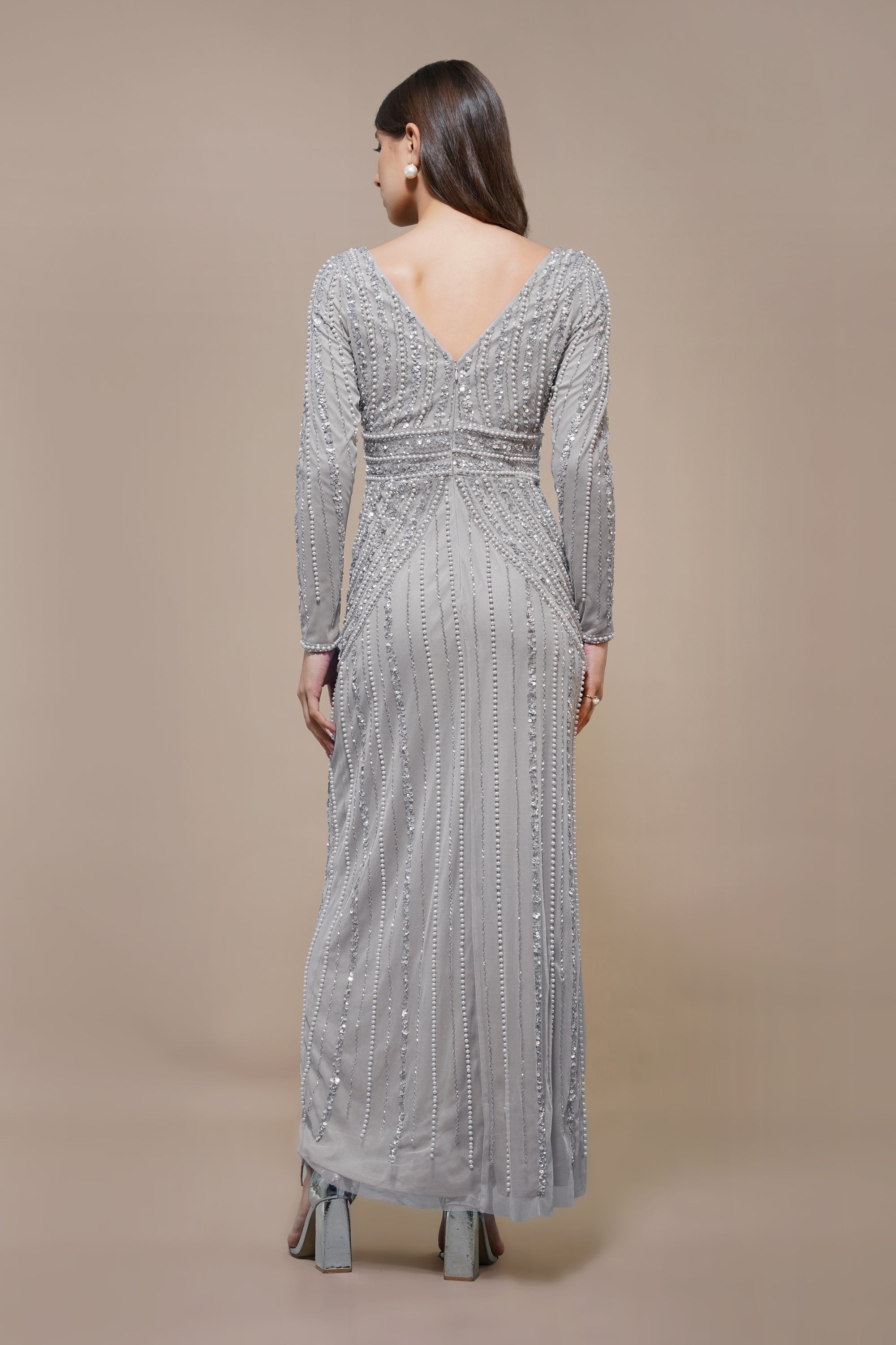 Elegant Light Grey Cordelia Embellished Maxi Dress for Women | Formal Evening Gown with Floral Details | Perfect for Weddings, Parties & Special Occasions