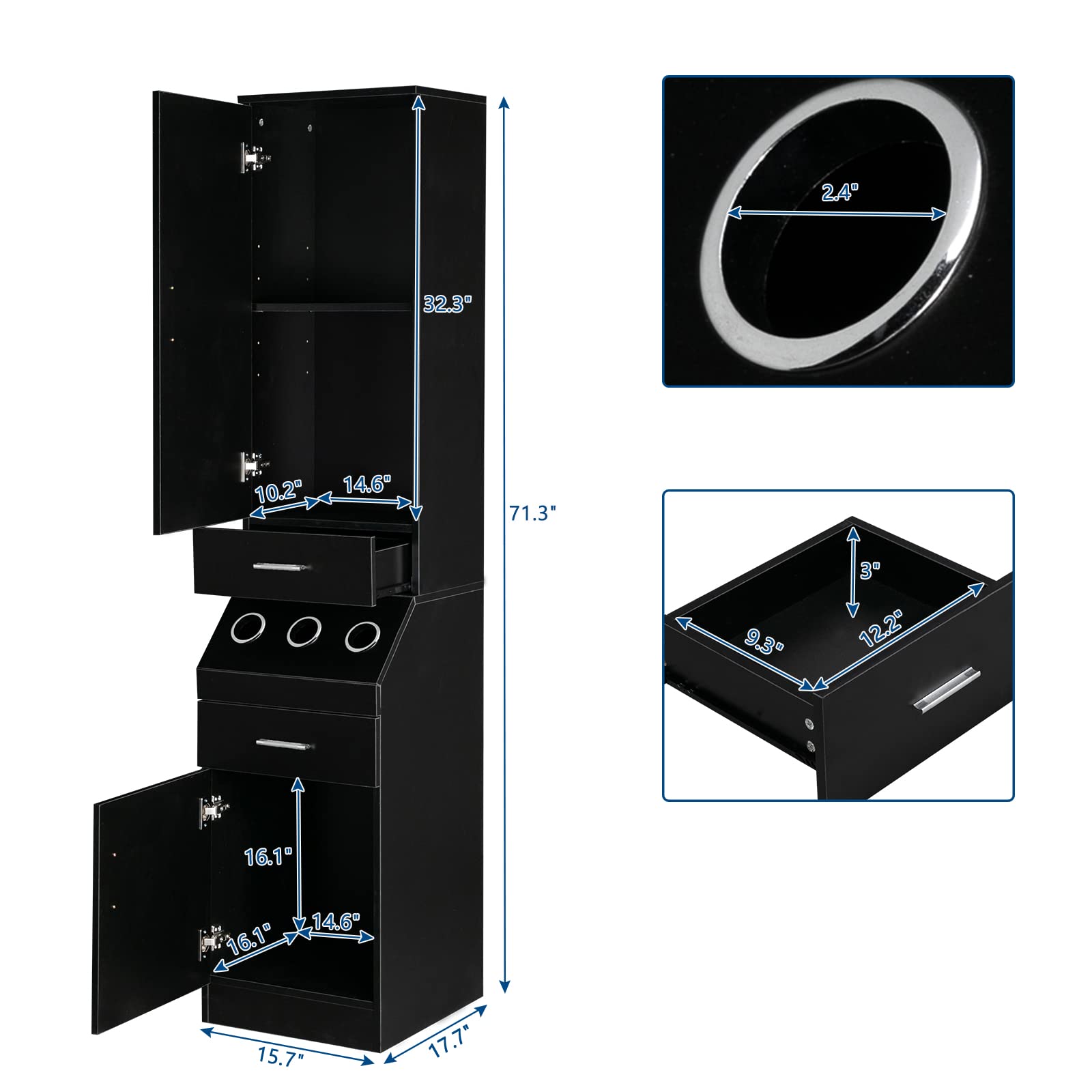 OmySalon Professional Barber Station with 2-Tier Storage Shelf, 2 Drawers, Large Cabinet & 3 Hot Tool Holders - Perfect for Salon, Barbershop & Home Hair Styling Organization - Black
