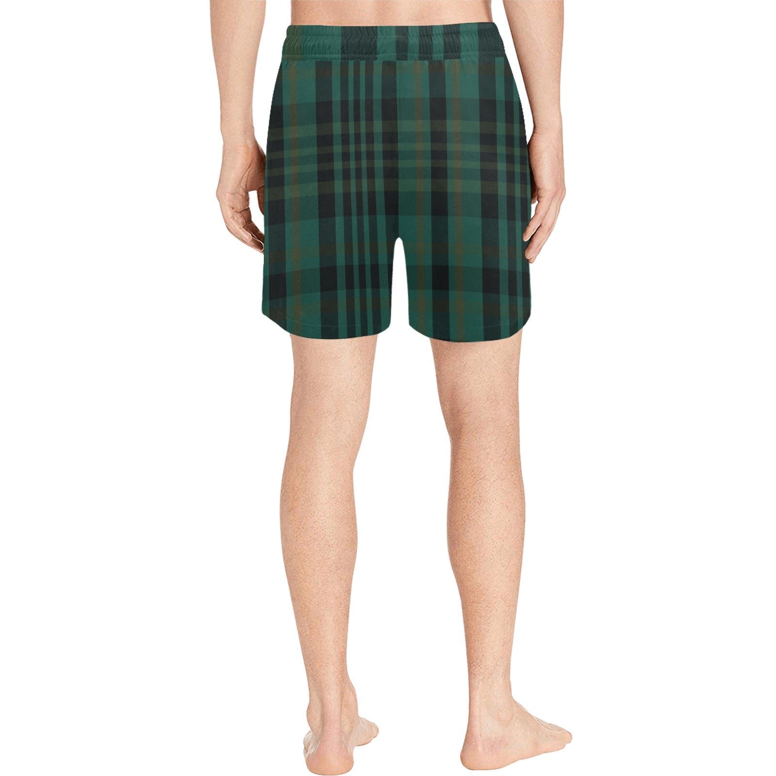 Men's Dark Green Plaid Mid-Length Swim Shorts - Quick-Dry, Comfortable & Stylish for Beach, Pool & Summer Vacations