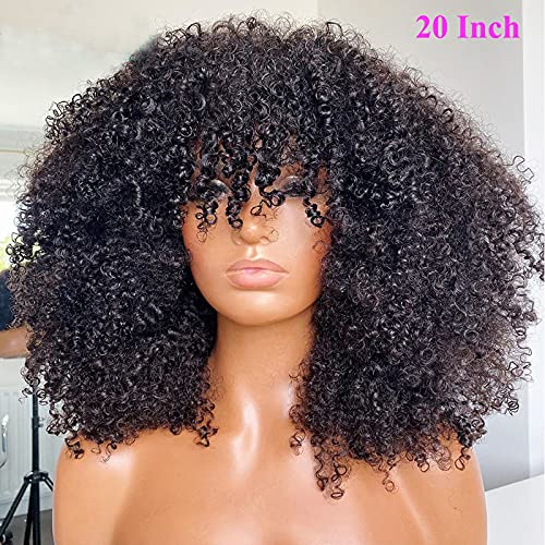 Afro Kinky Curly Human Hair Wig with Bangs - 200% Density Virgin Brazilian Hair, 18 Inch, Machine Made Scalp Top - Natural Black Color for Women | Perfect for Cosplay, Daily Wear & Protective Styling
