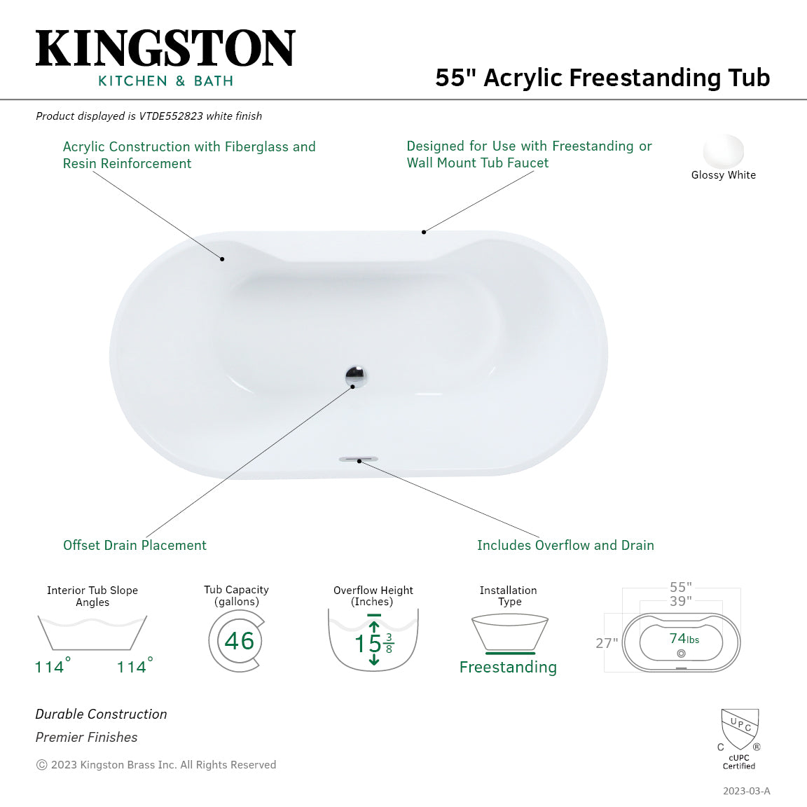 Aqua Eden 55 Inch Acrylic Oval Freestanding Bathtub - Glossy White Double Ended Soaking Tub with Drain | Luxury Bathroom Upgrade for Spa-Like Relaxation at Home