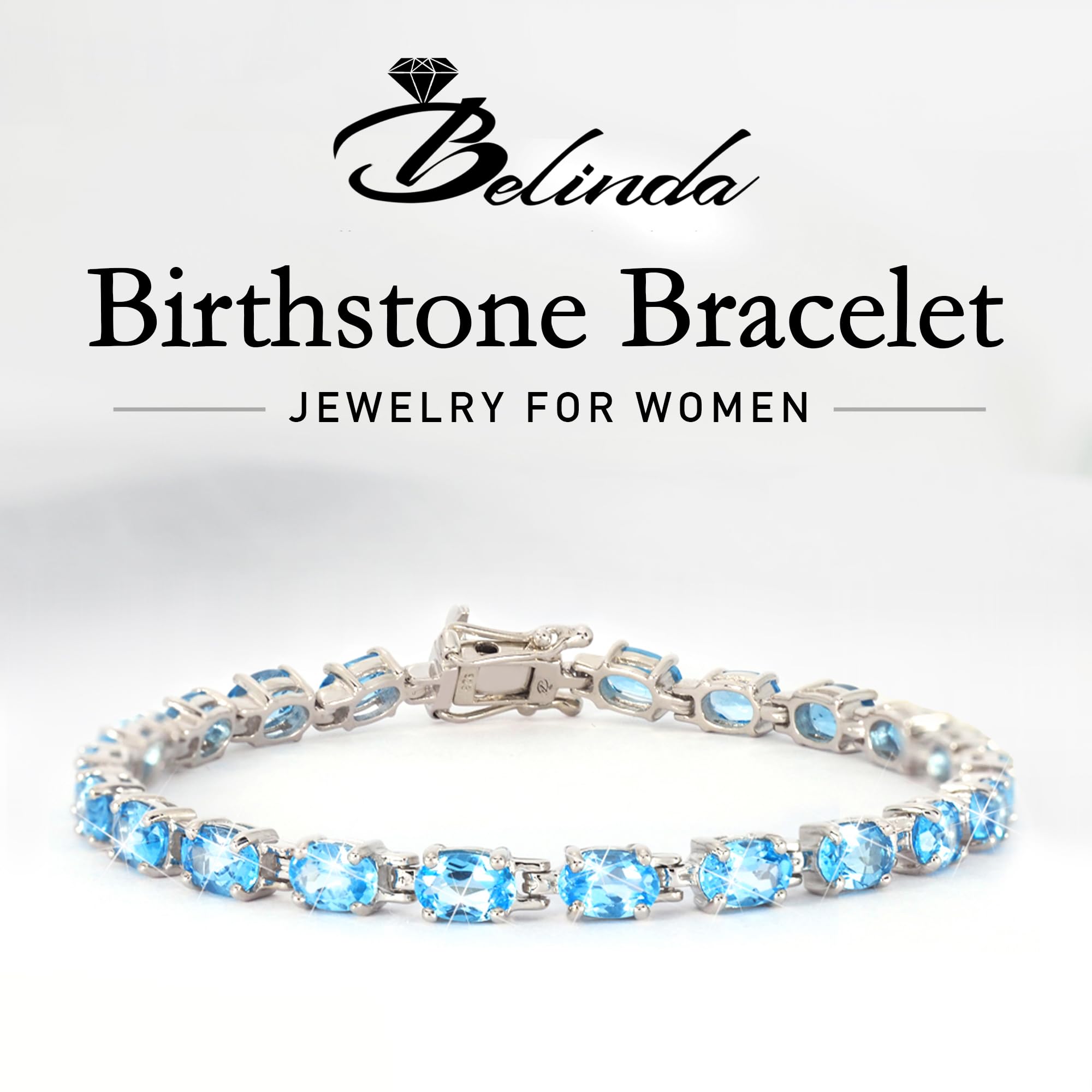 21 Oval Gemstone Tennis Bracelet - 925 Sterling Silver Birthstone Bracelet with Box & Tongue Latch (7
