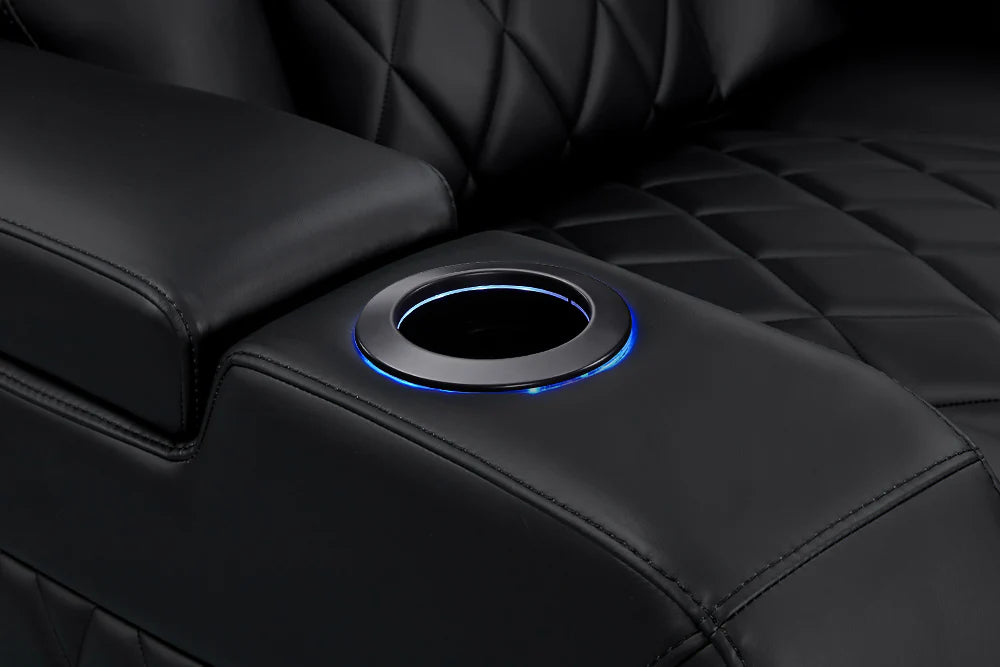 2025 New Tuscany Heat & Massage Leather Home Theater Seating - 5-Seat Loveseat Left Chaise in Midnight Black | Luxury Home Cinema Furniture for Movie Nights & Entertainment Rooms