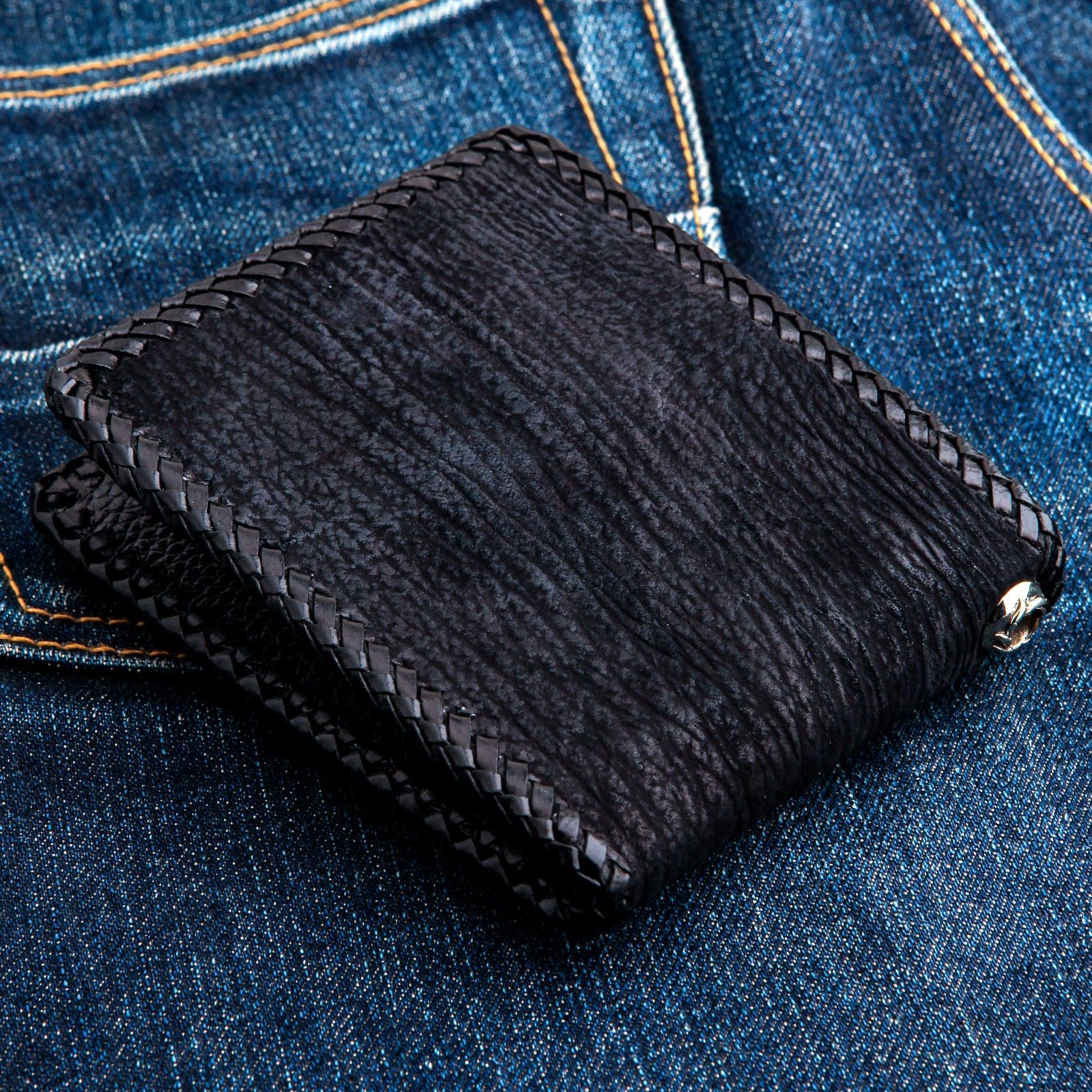 Genuine Black Stingray Leather Biker Wallet with Cross Inlay - Stylish & Durable Chain Wallet for Men, Perfect for Motorcycle Riders & Everyday Use