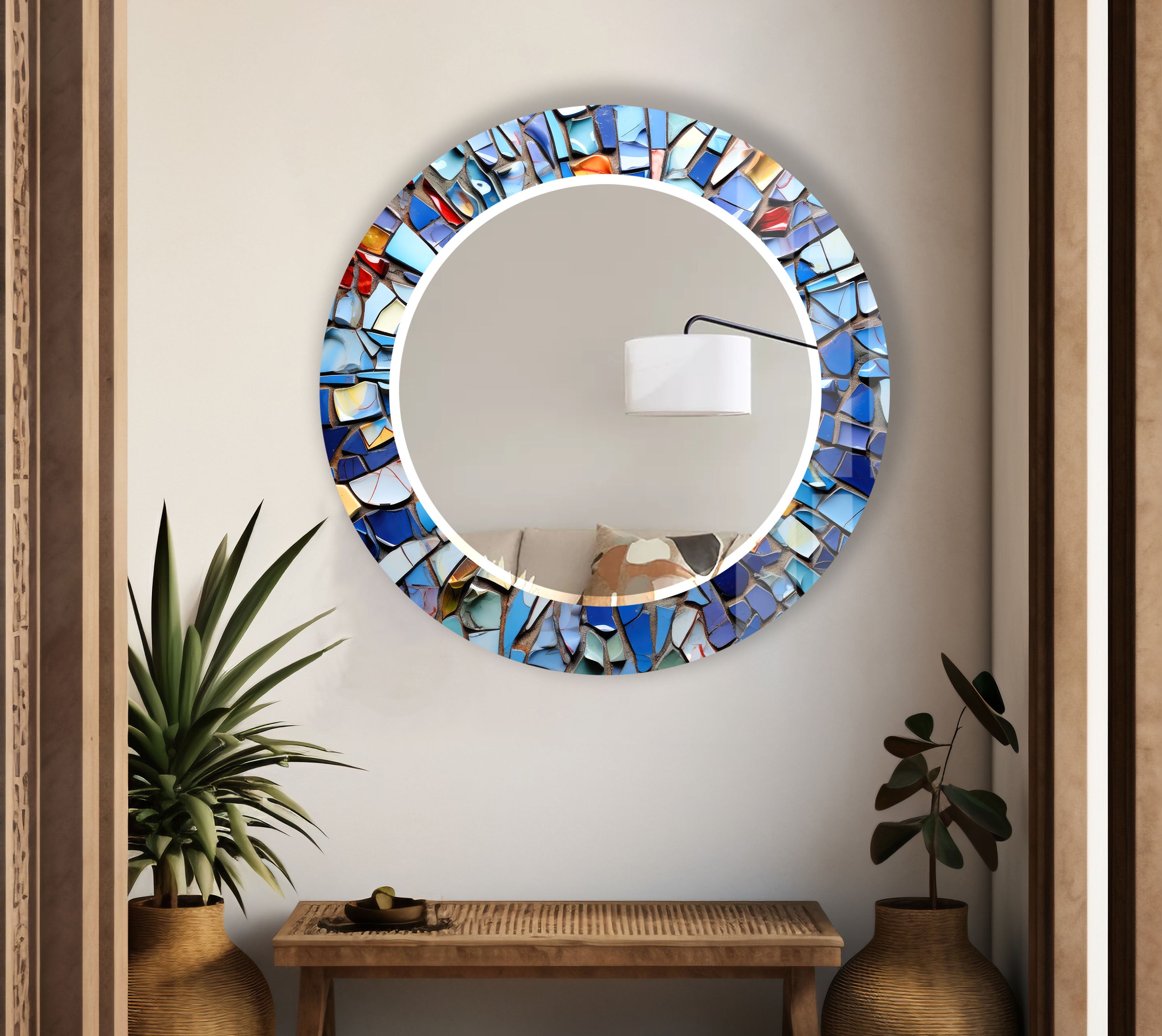 Blue Mosaic Round Mirror with Artistic Frame - Modern Wall Decor for Living Room, Bedroom & Bathroom | Handcrafted Glass Tile Design for Stylish Home Interiors
