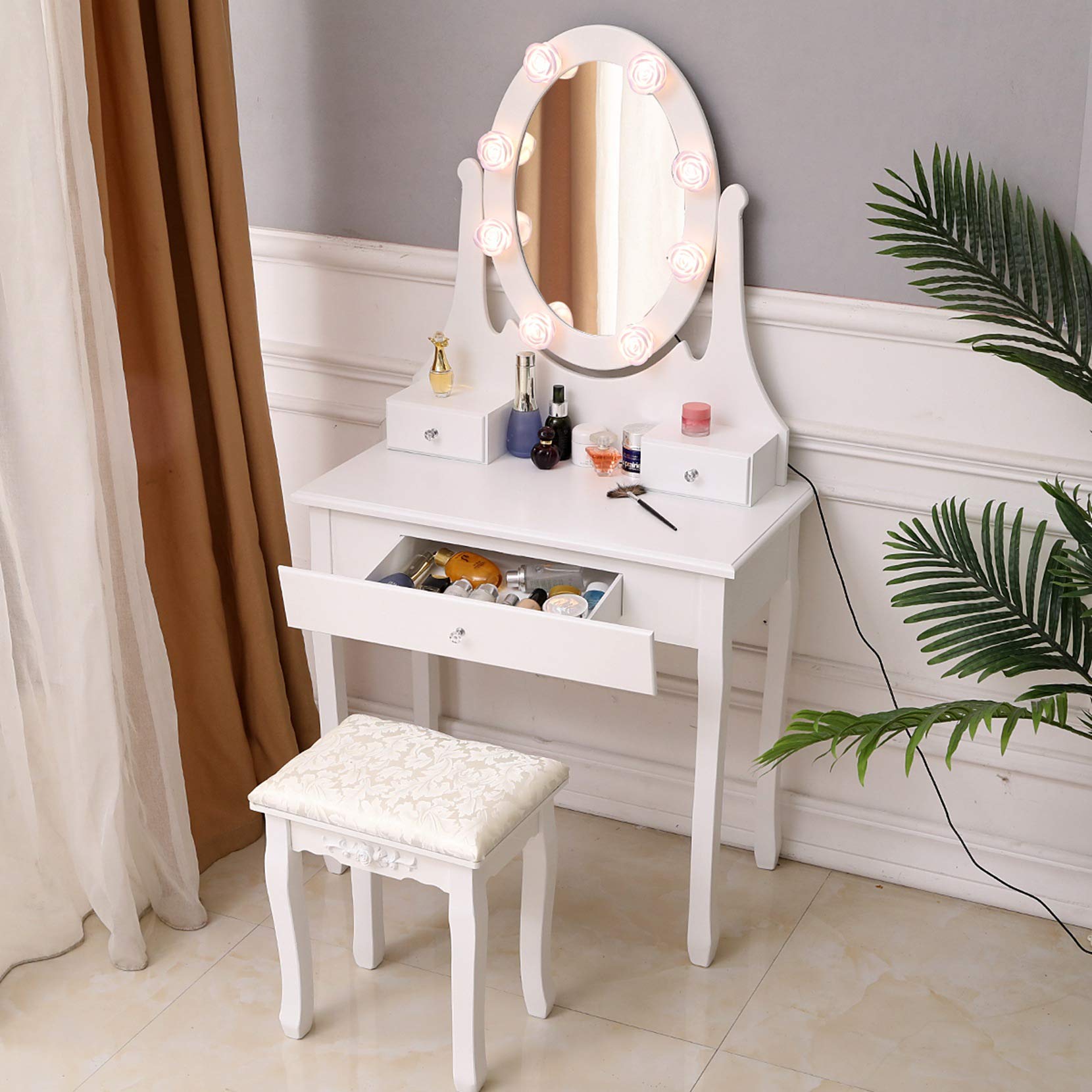 AUTOKOLA fulllove Stylish & Practical MDF Dressing Table Set with 360° Rotating Mirror, 3 Drawers & Vanity Stool - White Vanity Desk for Bedroom, Makeup, and Home Decor