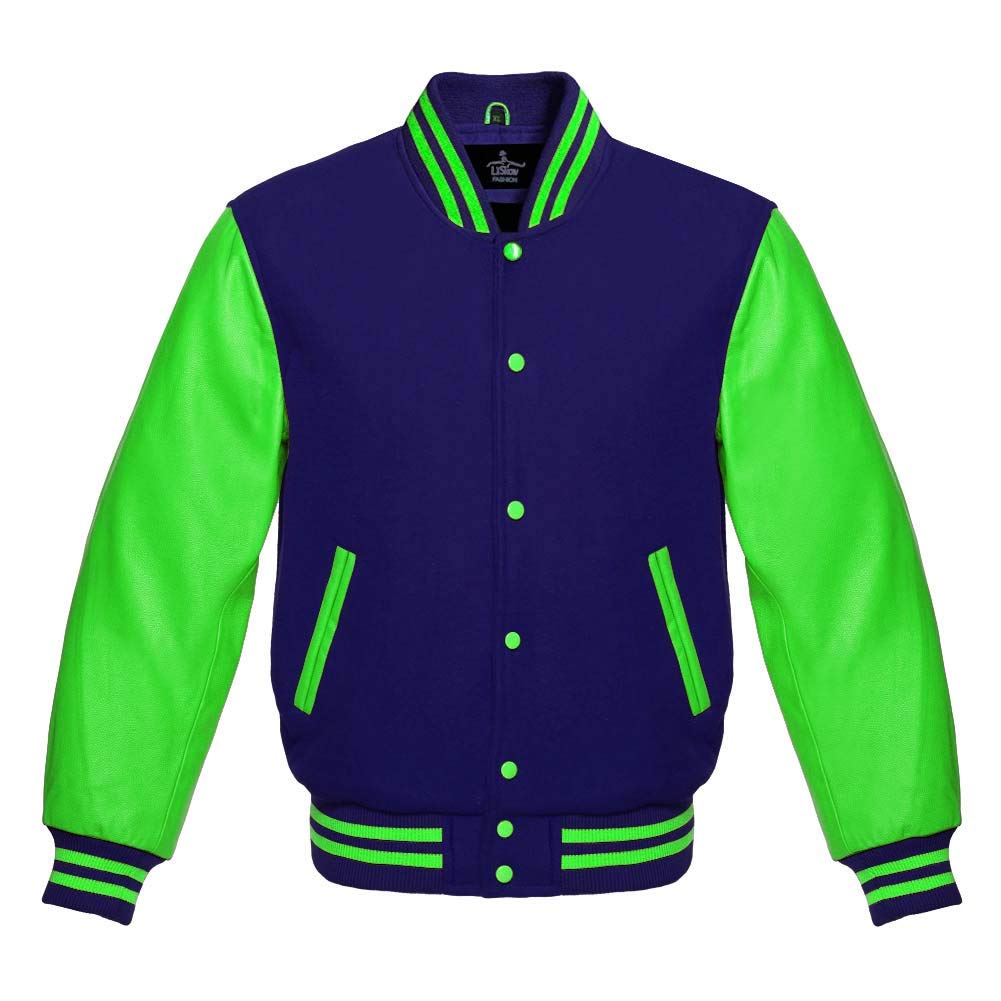 Premium Varsity Jacket with Genuine Leather Sleeves - Baseball Letterman Bomber Jacket for Men & Women - Warm Wool Blend with Kelly Green Accents - Perfect for School, College, Sports & Casual Wear