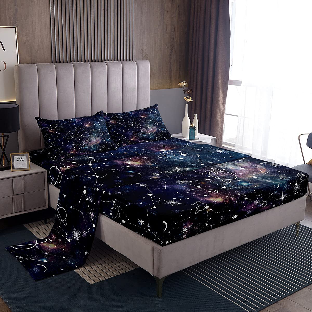 Galaxy Bed Sheets Set Twin Size - 3 Piece Constellation Sheet Set with Purple Universe Print, Deep Pocket Fitted Sheet & Starry Sky Flat Sheet - Includes 1 Pillow Case for Kids, Boys, Girls, Men & Women - Perfect for Space Themed Bedrooms, Dorm Rooms & Gift Giving