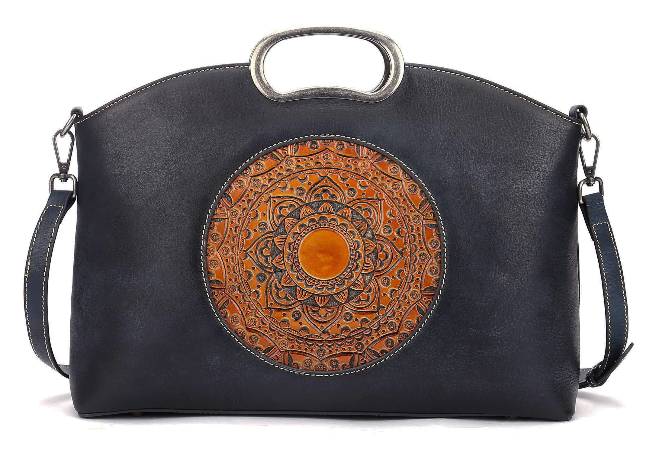 Genuine Leather Handbags for Women - Vintage Embossed Crossbody Bag with Organizer, Large Satchel Shoulder Purse for Work, Travel & Everyday Use